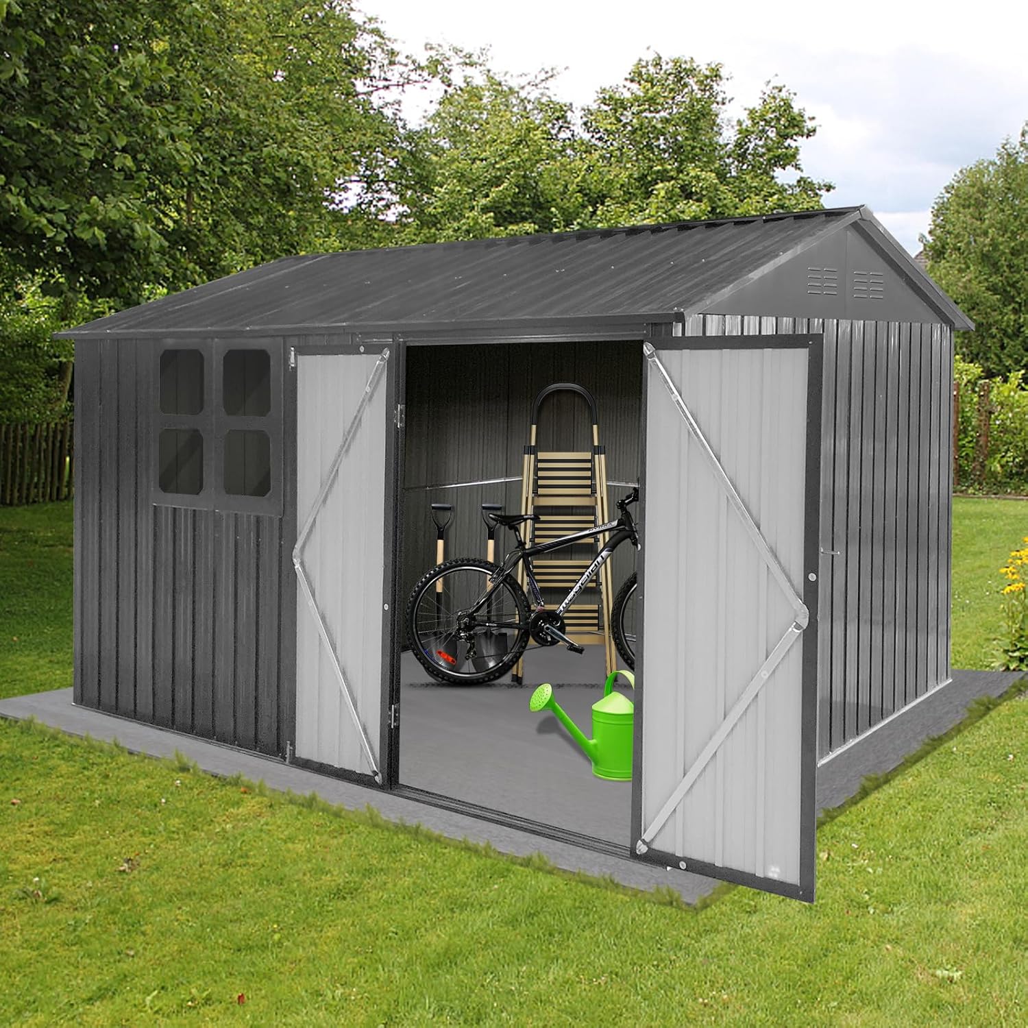 EMKK 10x8 FT Outdoor Storage Shed with both doors open, revealing a bicycle, ladder, and watering can inside.