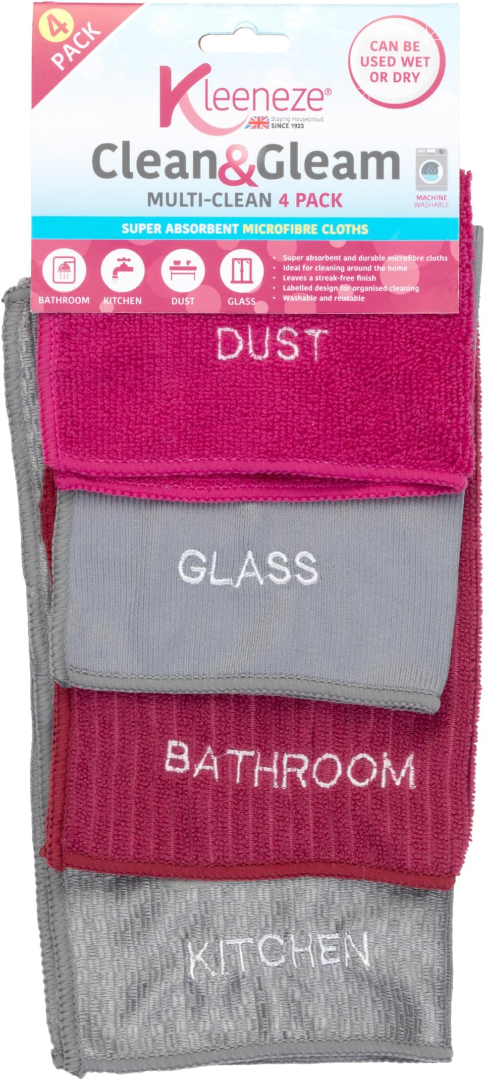 KL068118EU Super Absorbent Microfibre Cloths for Cleaning and Removing Bacteria | Pack of 4, Grey/Pink, 4 Pack