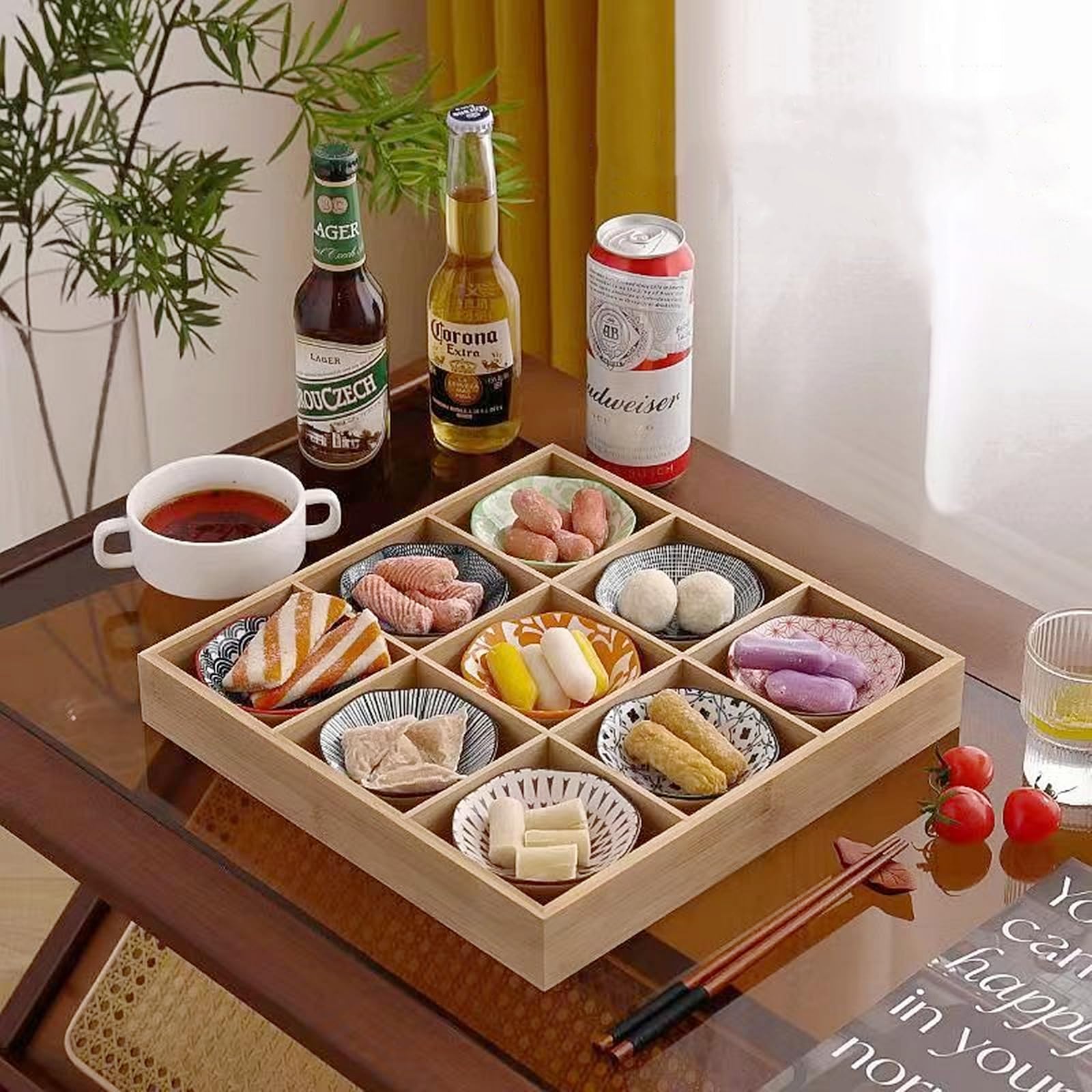 Amazon｜九宮格 食器木箱仕切り皿 9分割 竹 トレイ 竹鍋皿 九宮格 皿