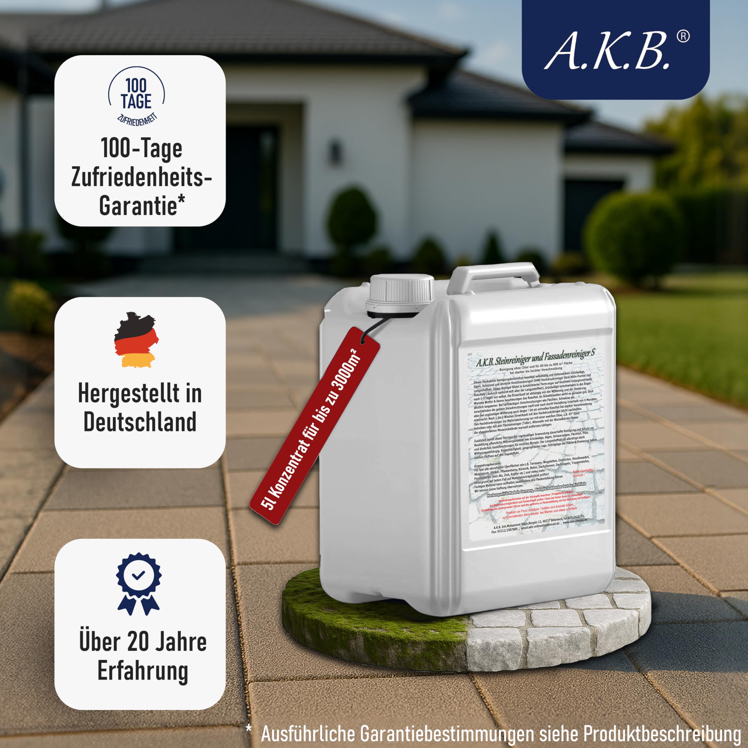 A.K.B. Steinreiniger und Fassadenreiniger S Konzentrat - 5L für 3000m² - Grünbelagentferner für Steine & Fassaden - Hochergiebiger Fassadenreiniger, Terrassenreiniger & Steinreiniger intensiv Aussen