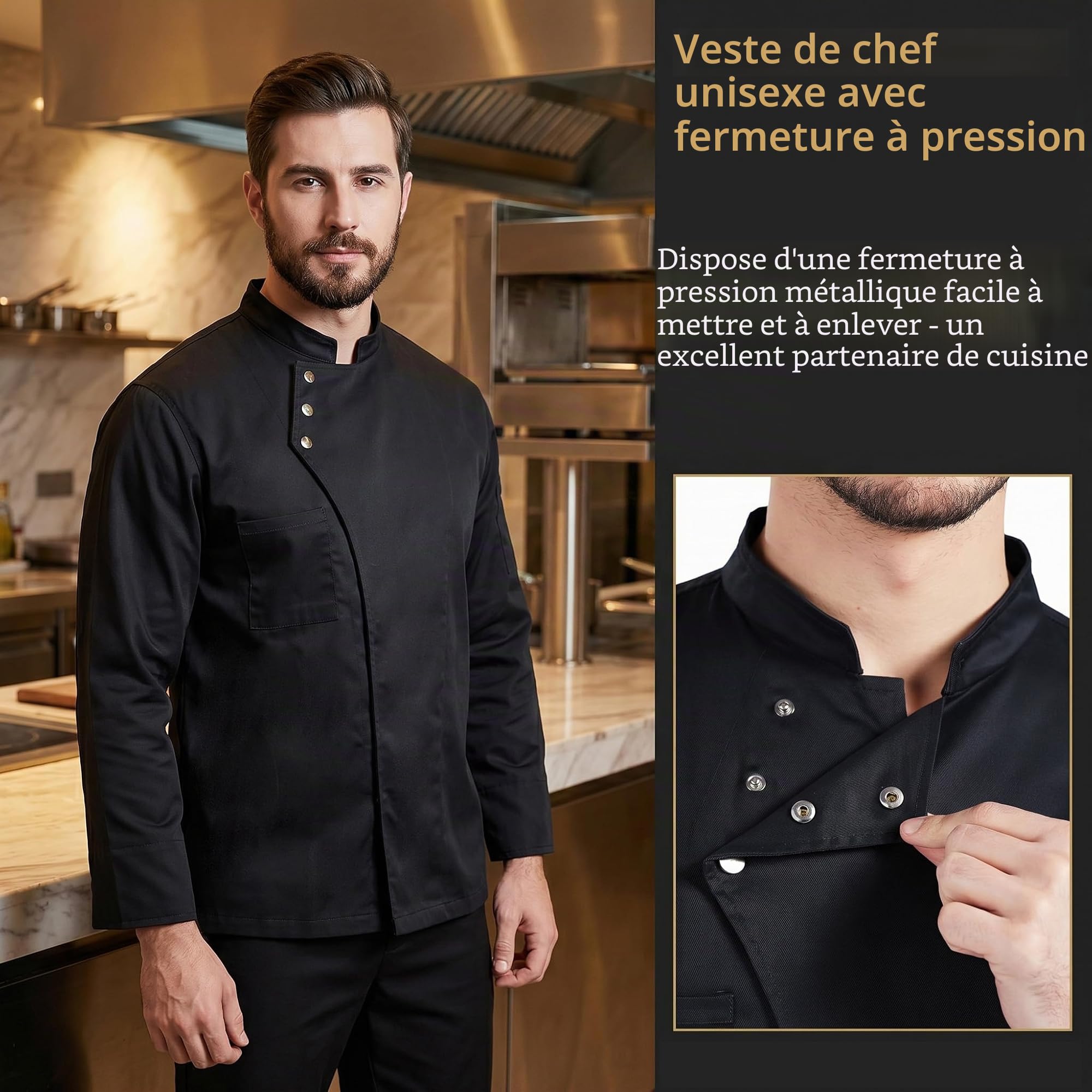 Nanxson Veste de Chef Unisexe avec Manches Longues de Cuisinier Respirant Blouse de Service Noir pour Homme CFM0057