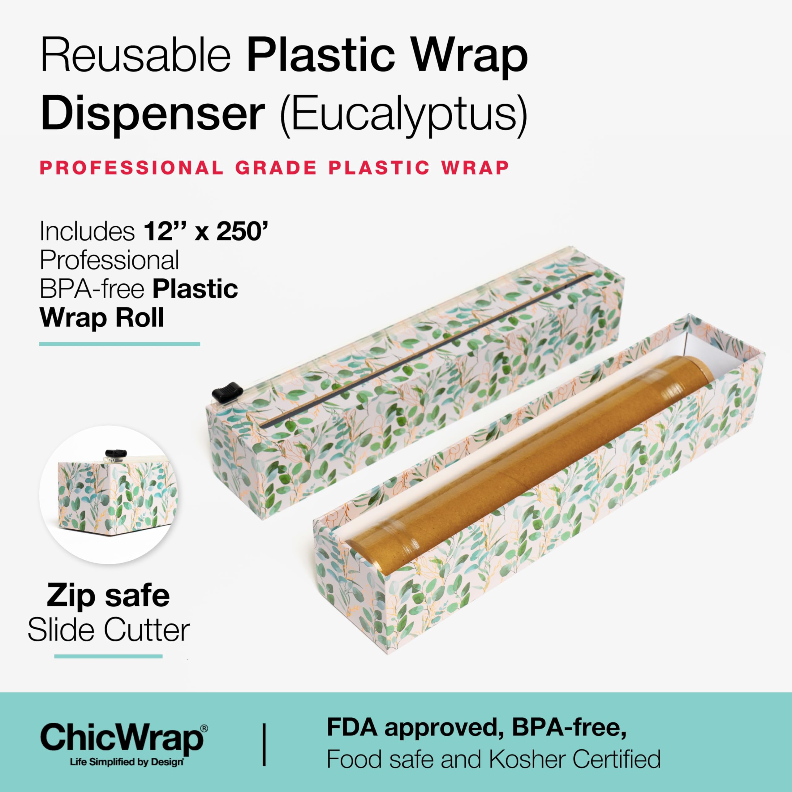 ChicWrap Distributeur de film plastique rechargeable à l'eucalyptus – Un rouleau de film plastique de qualité professionnelle de 30,5 cm x 75,2 m – Sans BPA et certifié casher – Distributeur