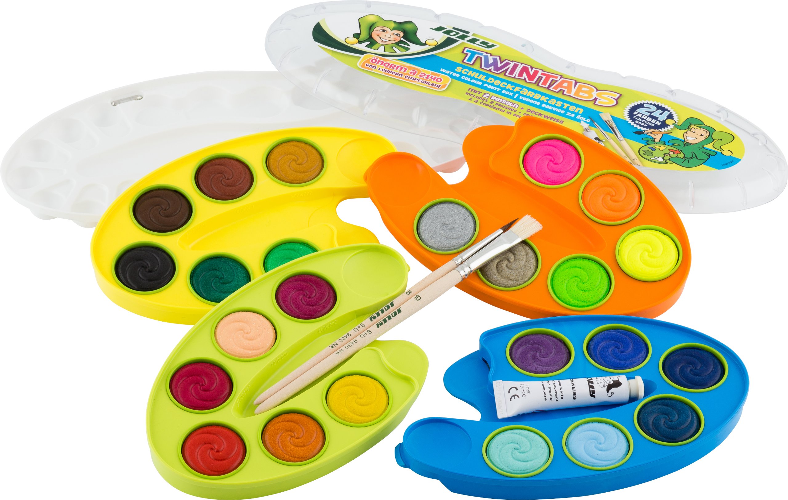 Jolly TwinTabs | Deckfarbkasten, Farbkasten | mit Click Funktion | Großes Mischtablett | inkl. 2 Pinsel und Deckweiß | 24 Farben | von Lehrern Empfohlen