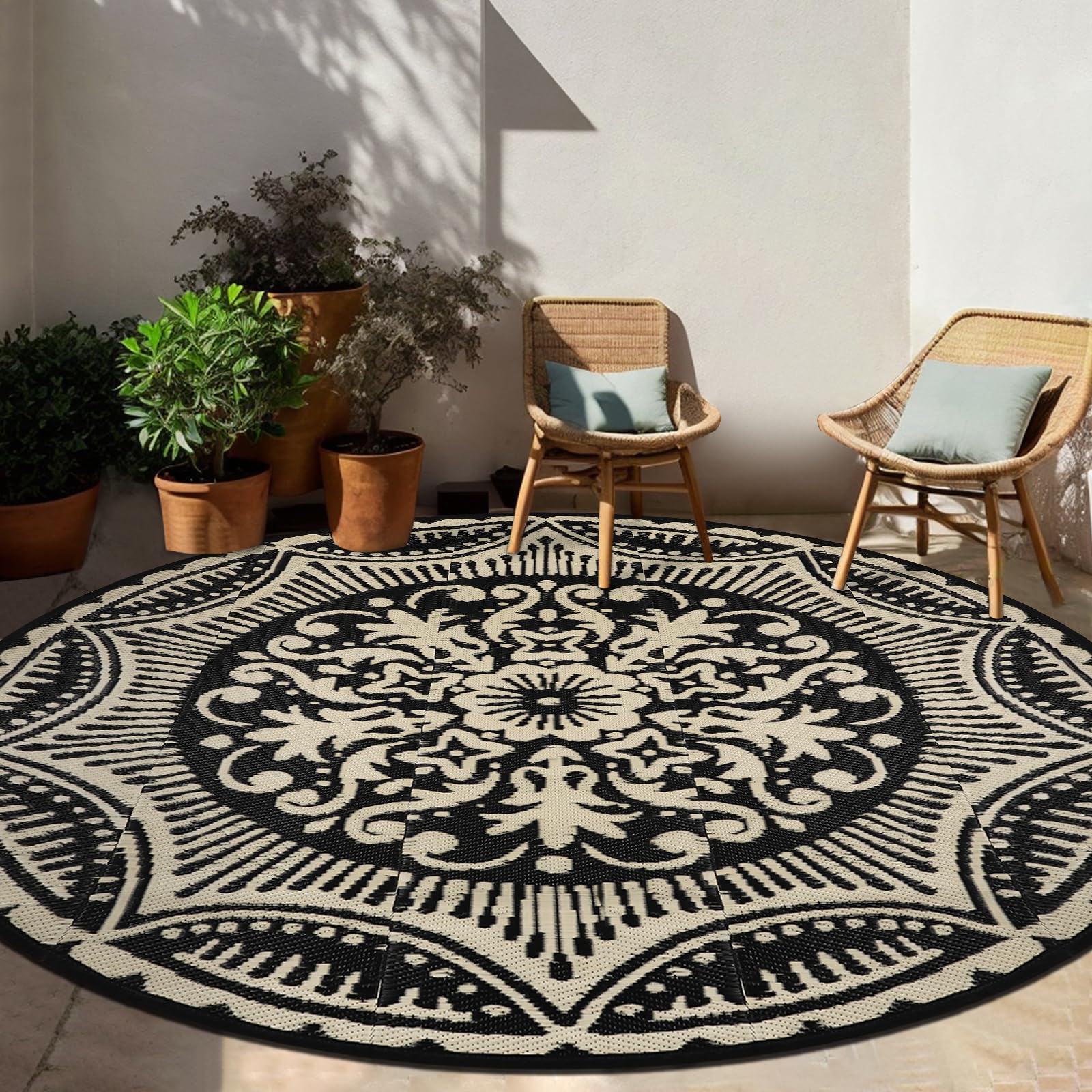 Capslpad 6x6 Floral Outdoor Rug for Patio Clearance Reversible Mat Round Portable Plastic Straw Carpet Waterproof Boho Outside Area Rug for RV Camping