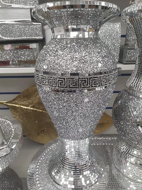 Silver & White Vase Statue Sparkle Ornament Bling Crushed Diamond Gift | CRYSTALLIZED Crushed mirrored flower pot with floral design 30 cm Gift Present for all occasion (Fully shiny silver vase)
