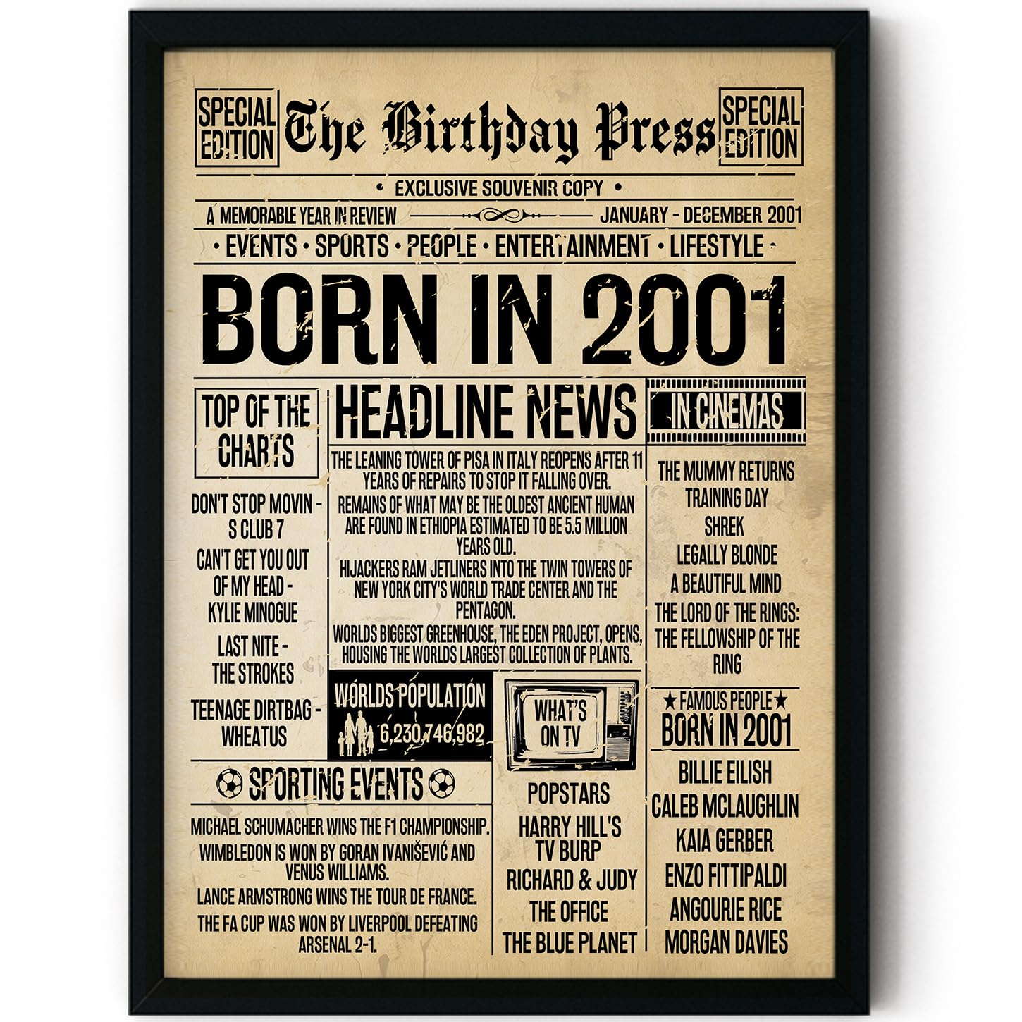 Stuff4 Women's 2001 25Th Birthday Poster Framed, Born In Vintage Newspaper