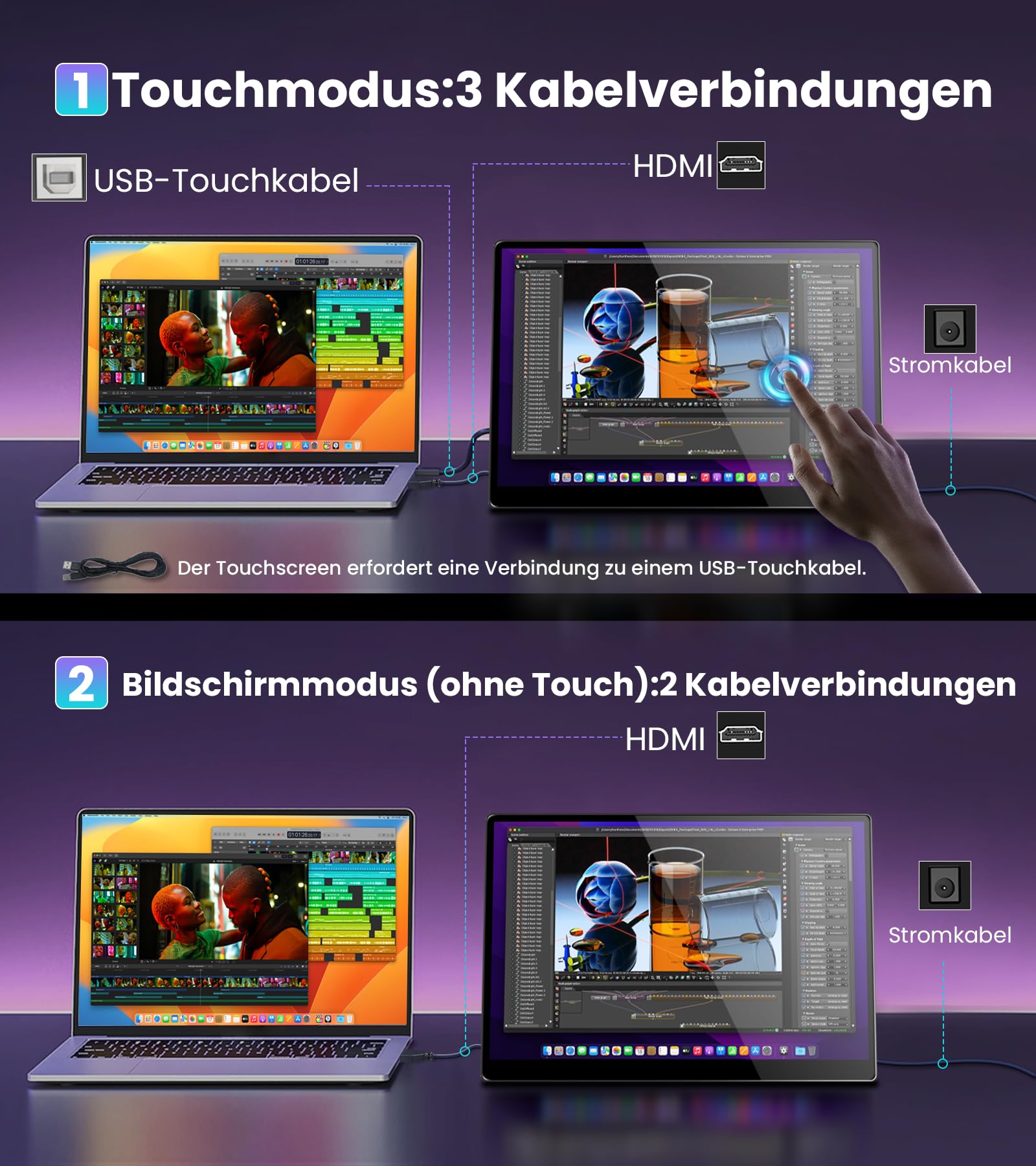 Tragbarer Monitor Touchscreen 14", FHD 1920x1200 100% sRGB 16:10 Bildschirm Monitor IPS Touch Portable Computer Display mit HDMI VGA DVI für Laptop/PC/PS4/Ra pi/Game Console