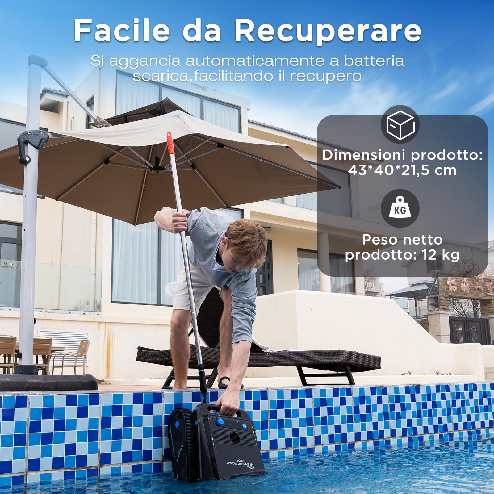 U8 Robot Piscina Senza Fili, Pulizia Fondo/Pareti/Linea Acqua, 4 Modalità, 120 Min Autonomia, Navigazione Intelligente, Parcheggio Automatico, App, fino a 200㎡