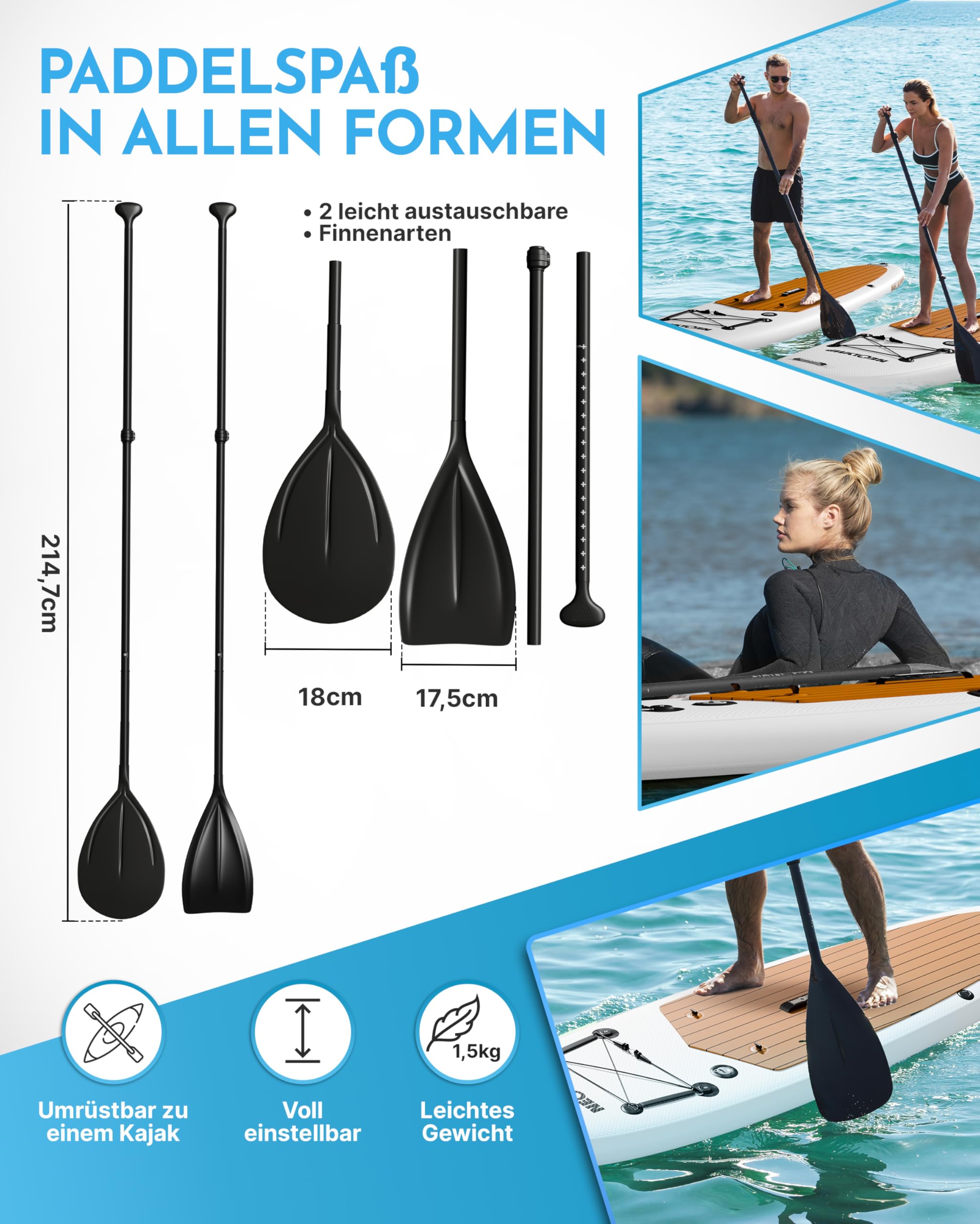NEOLYMP Aufblasbares Stand Up Paddle Board 315 cm – SUP Komplett-Set 13-TLG. inkl. Kajaksitz, E-Book, Pumpe & Rucksack – für Kinder & Erwachsene – 150 kg Traglast – Paddleboard aufblasbar mit Zubehör