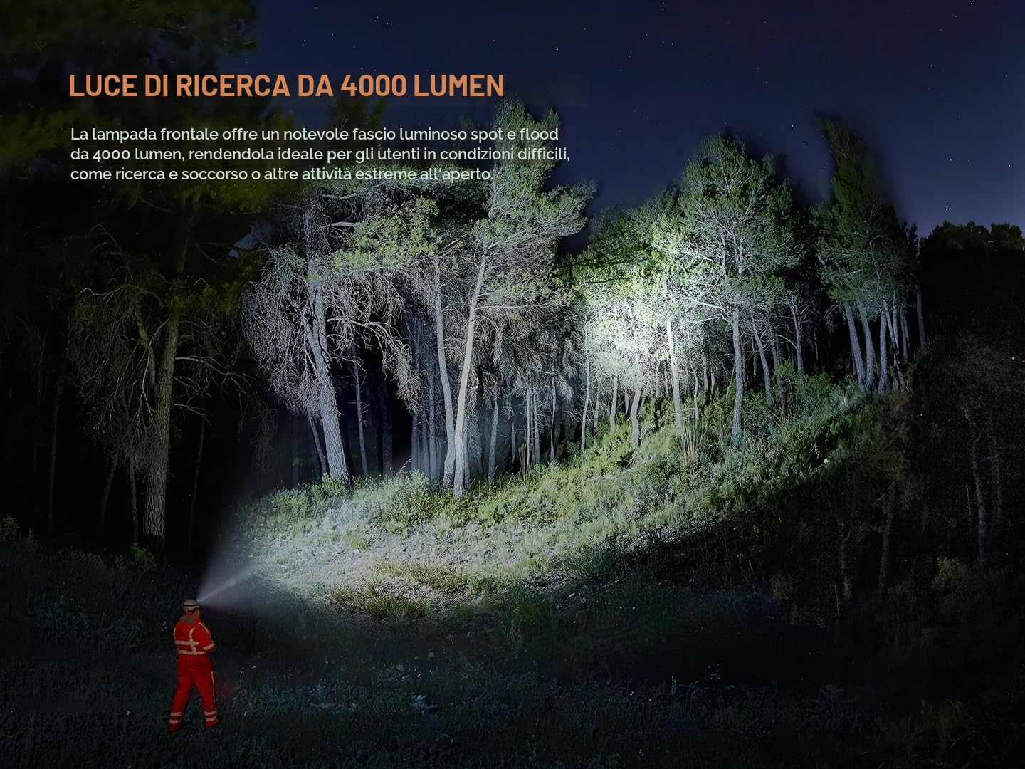 fenix HP35R, torcia frontale ricaricabile ultra potente | 4000 lumen | 450 m | 500 ore max | fascia larga comoda | batteria da 10.000 mAh con cavo di prolunga | luce di sicurezza posteriore rossa |