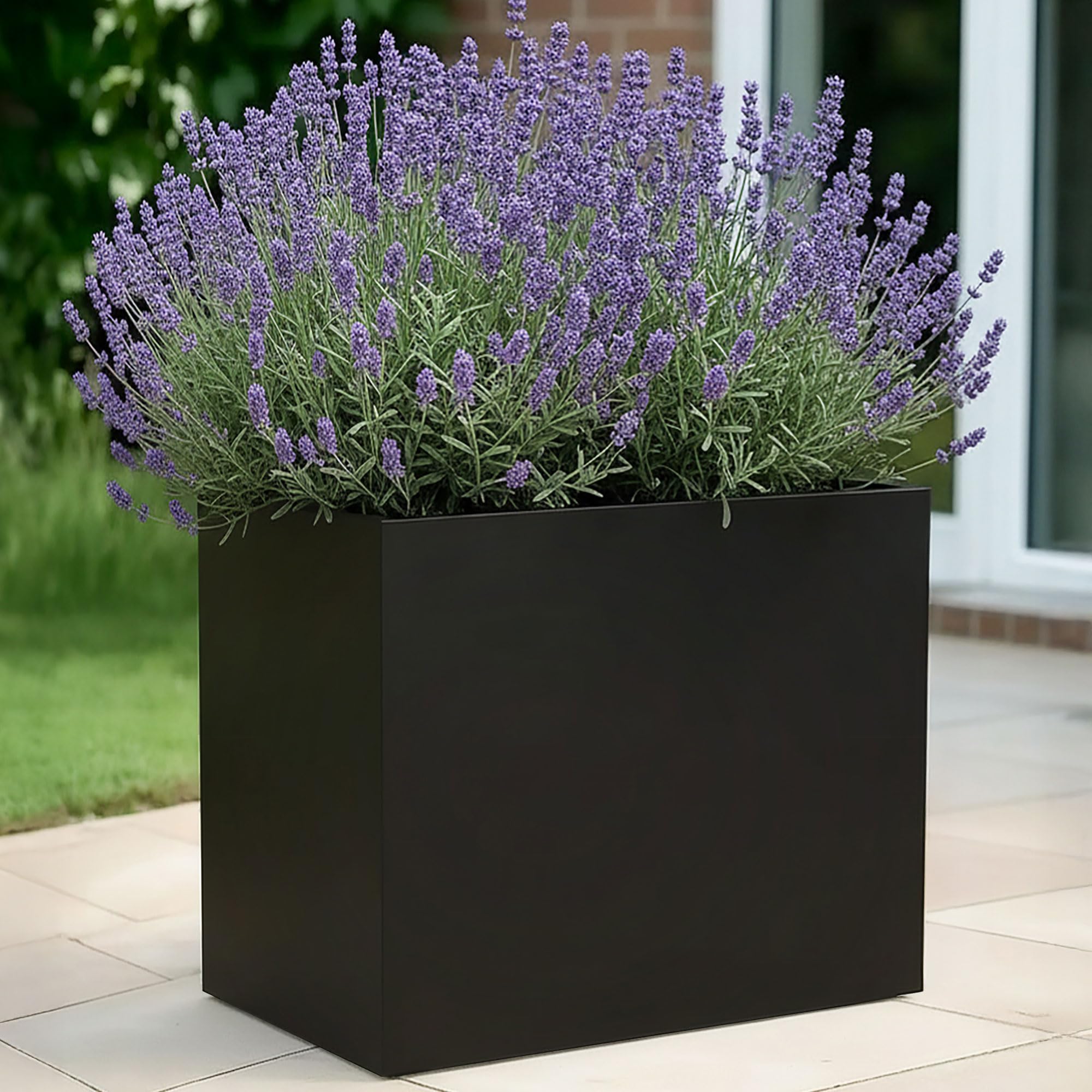 IDEALIST 50cm Trough | Black Reinforced Stone Rectangular Planter | Garden Plant Pots with Drainage Holes L50 W20 H40 cm, 23 litres