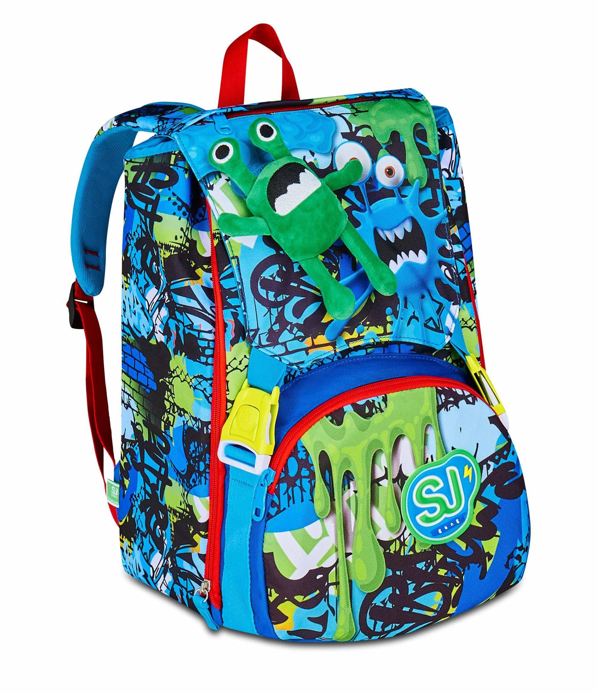 SJ GANG STYLE JAM GANG Zaino Scuola Estensibile Big FANTASYS BOY, Blu, Zaino con Divisorio Interno, Tasca per Borraccia, Peluche Alieno Abbinato, 24 L, Zaino Scuola Elementare, Zaino Bambino