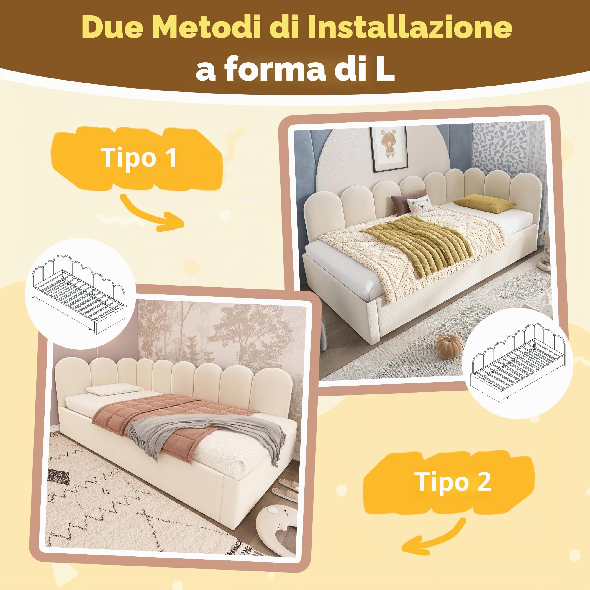 Letto imbottito, 90 x 200 cm, divano letto estraibile 90 x 190 cm, letto per bambini con rete a doghe in metallo, velluto, senza materasso (beige con letto estraibile, 90 x 200 cm)
