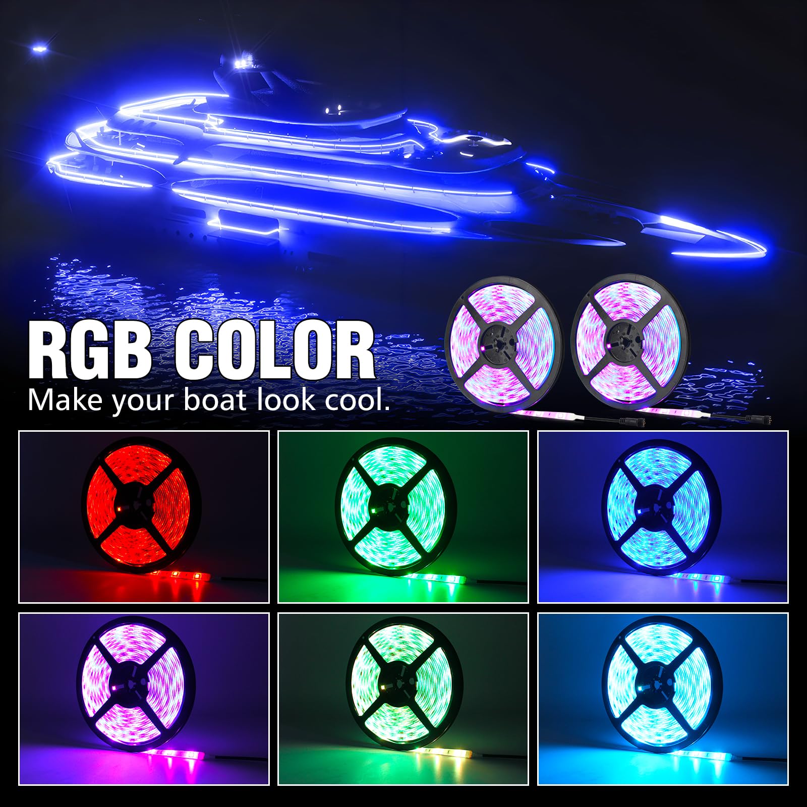 OPP ULITE Boat Led Light Strip RGB Color 50FT, APP & Remote Contrl Music Mode Marine Interior Lights, Night Fishing Lighting for Bass Boat, Kayak, Jon Boat, Deck, Waterproof IP67