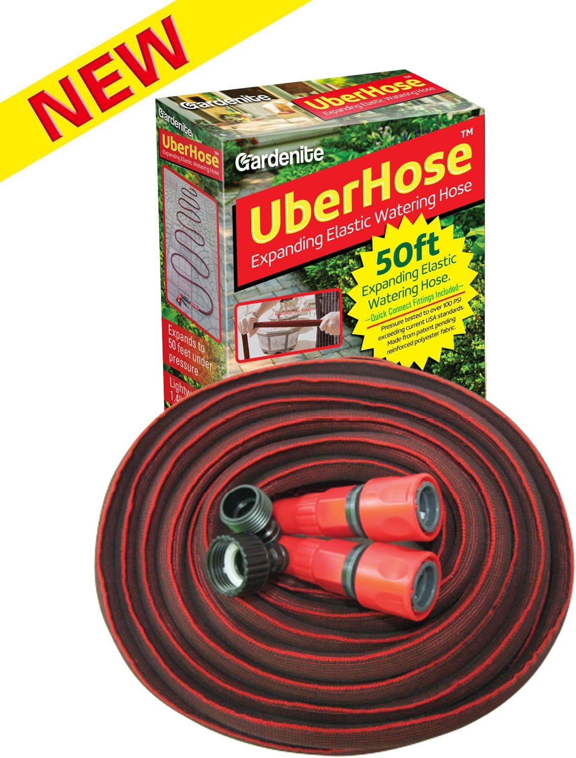 50ft Expanding Elastic Flat Garden Watering Hose. Made from Expandable Rubber. Quick Connect Fittings Included