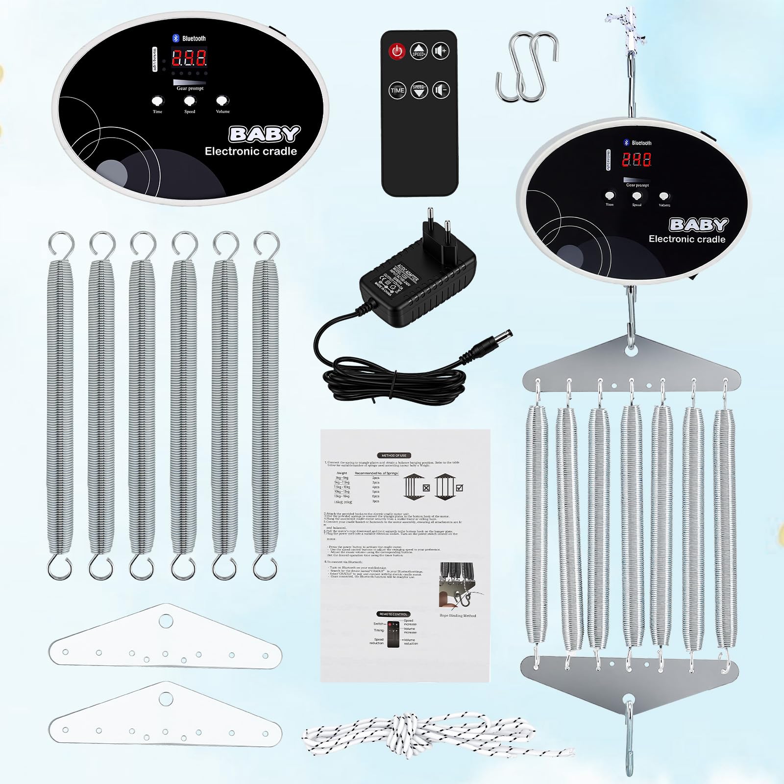 Controlador de columpio eléctrico para bebés recién nacidos, motor de columpio de resorte capacidad de carga de 20 kg, control de hamaca colgante para bebé con función de temporizador y música(Negro)