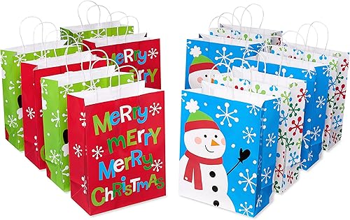 Miniatura 1 de American Greetings Bolsas grandes de regalo de Navidad de 13 pulgadas, Papá Noel, muñeco de nieve, copos de nieve y Feliz Navidad (12 bolsas)