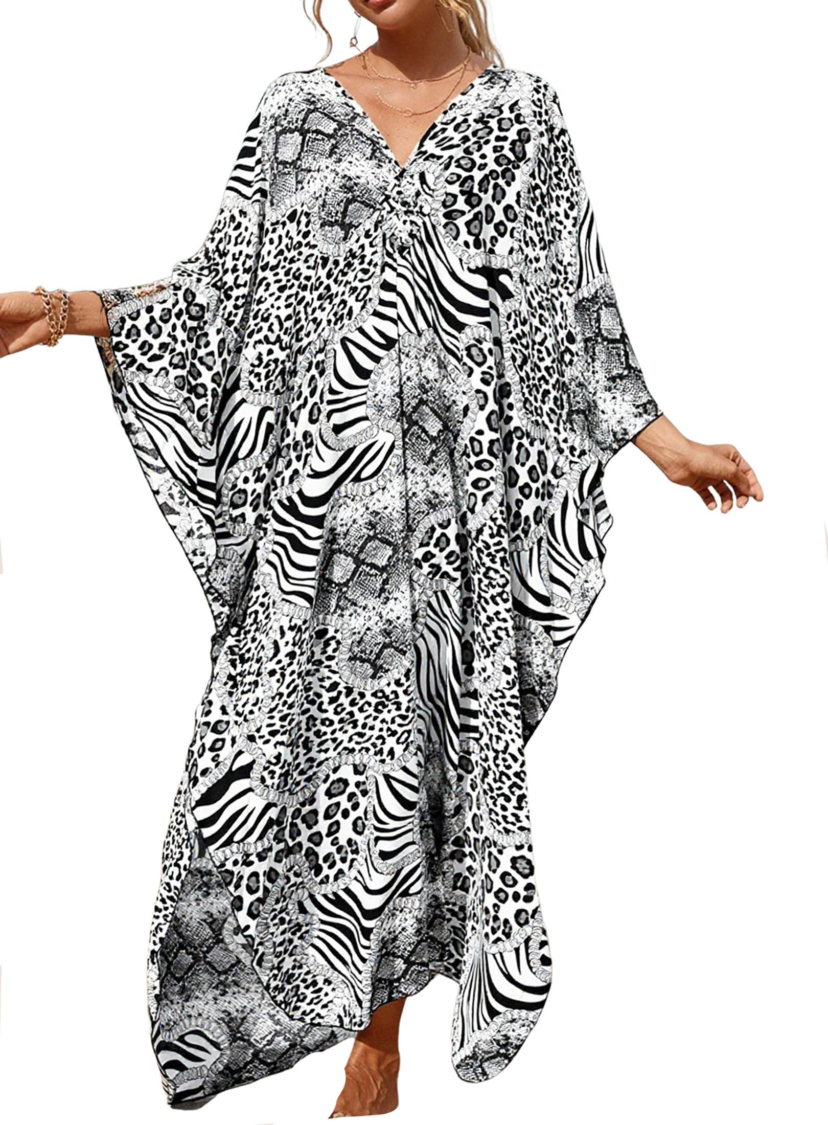 cthseie Women Animal Print Kaftan Dresses Plus Size Swimsuit Coverup Summer Bathing Suit Caftan Loungewear Beach Dress