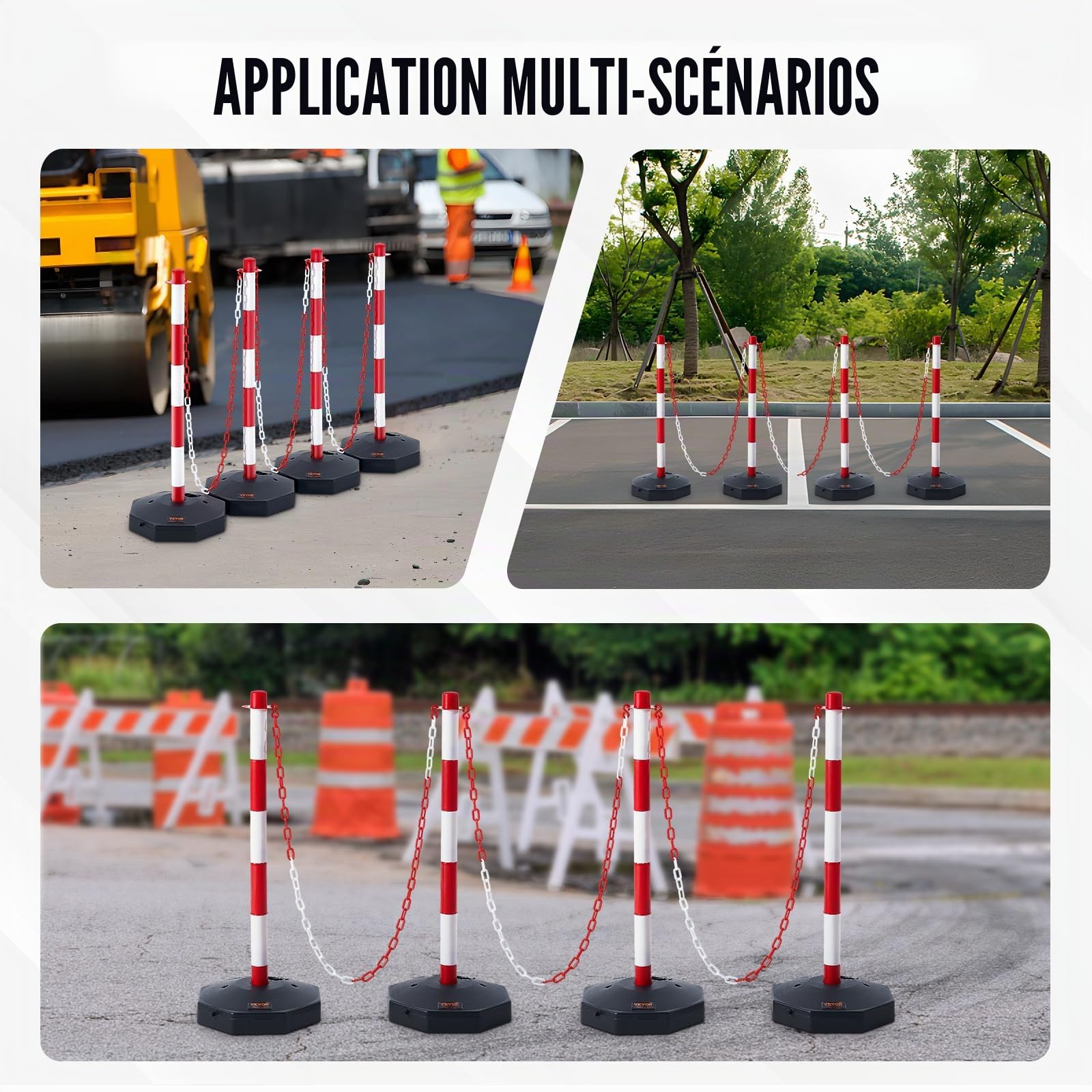 VEVOR Poteau de Signalisation 4PCs Poteau de Délimitation sur Socle Remplissable Hauteur Réglable Cône de Signalisation Longue Chaine 2,4 m pour Contrôle de Circulation Chantier Parking Rouge et Blanc