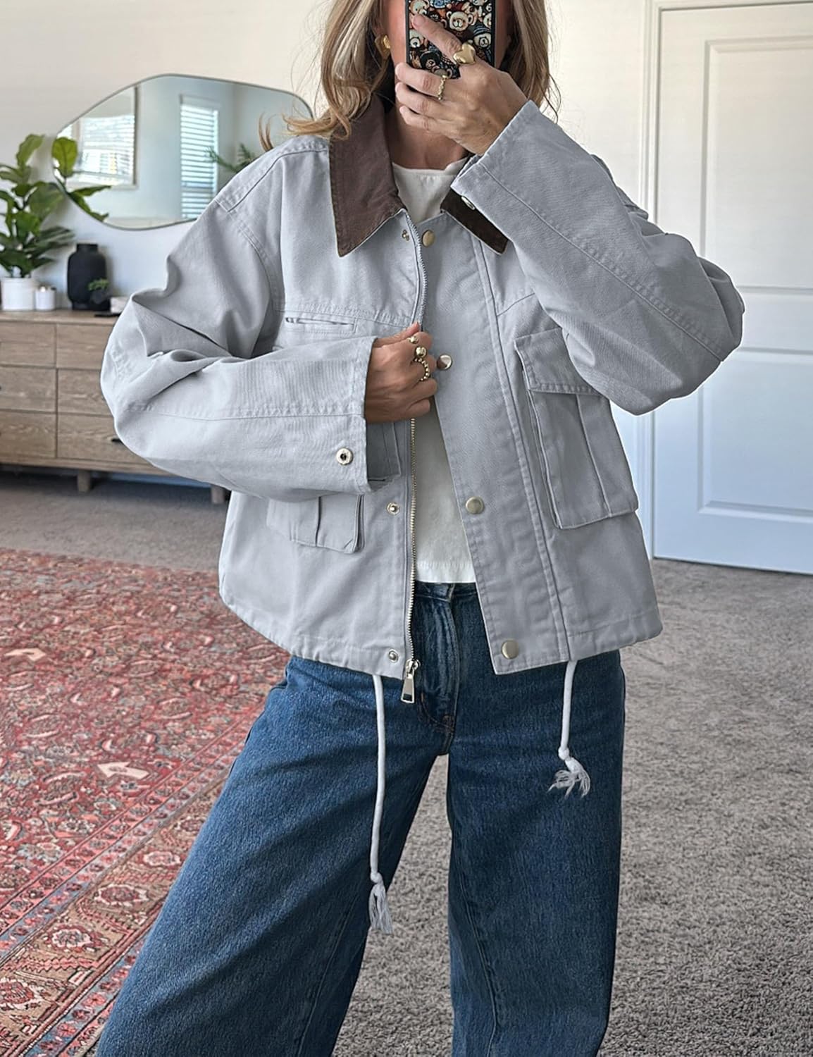 Womens Cropped Jacket Contrast Collar Utility Coat Cargo Jacket Barn Jacket Outwear with Pockets - Image 3