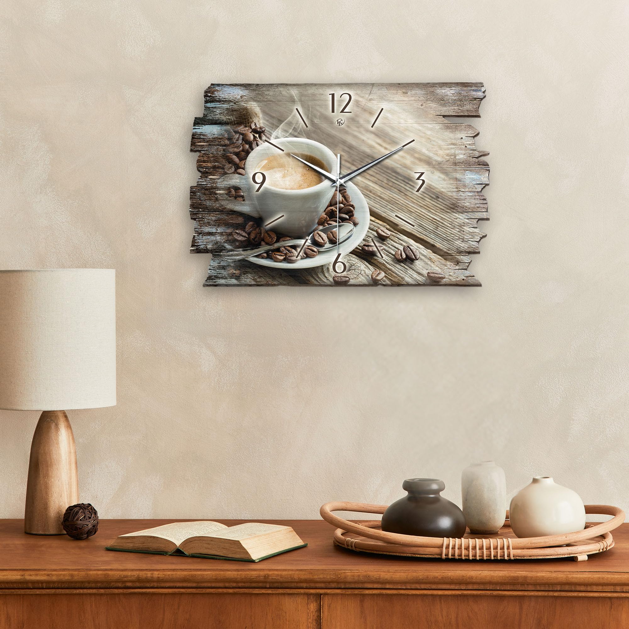 Kreative Feder Designer Wanduhr „Kaffee“ aus Holz 40x27cm im Shabby Style Design - Designeruhr mit flüsterleisem Uhrwerk ohne Ticken (Kaffee, leises Funkuhrwerk)