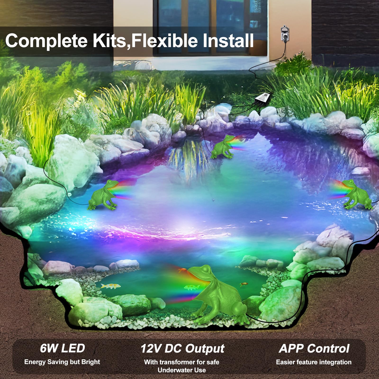 Teichbeleuchtung LED mit APP-Steuerung, 6W Teichlampen Unterwasser mit 12V Transformator und Timer, IP68 Wasserdicht Teich Beleuchtung für Gartenteich Wasserfall Wasserspiel, Set 4