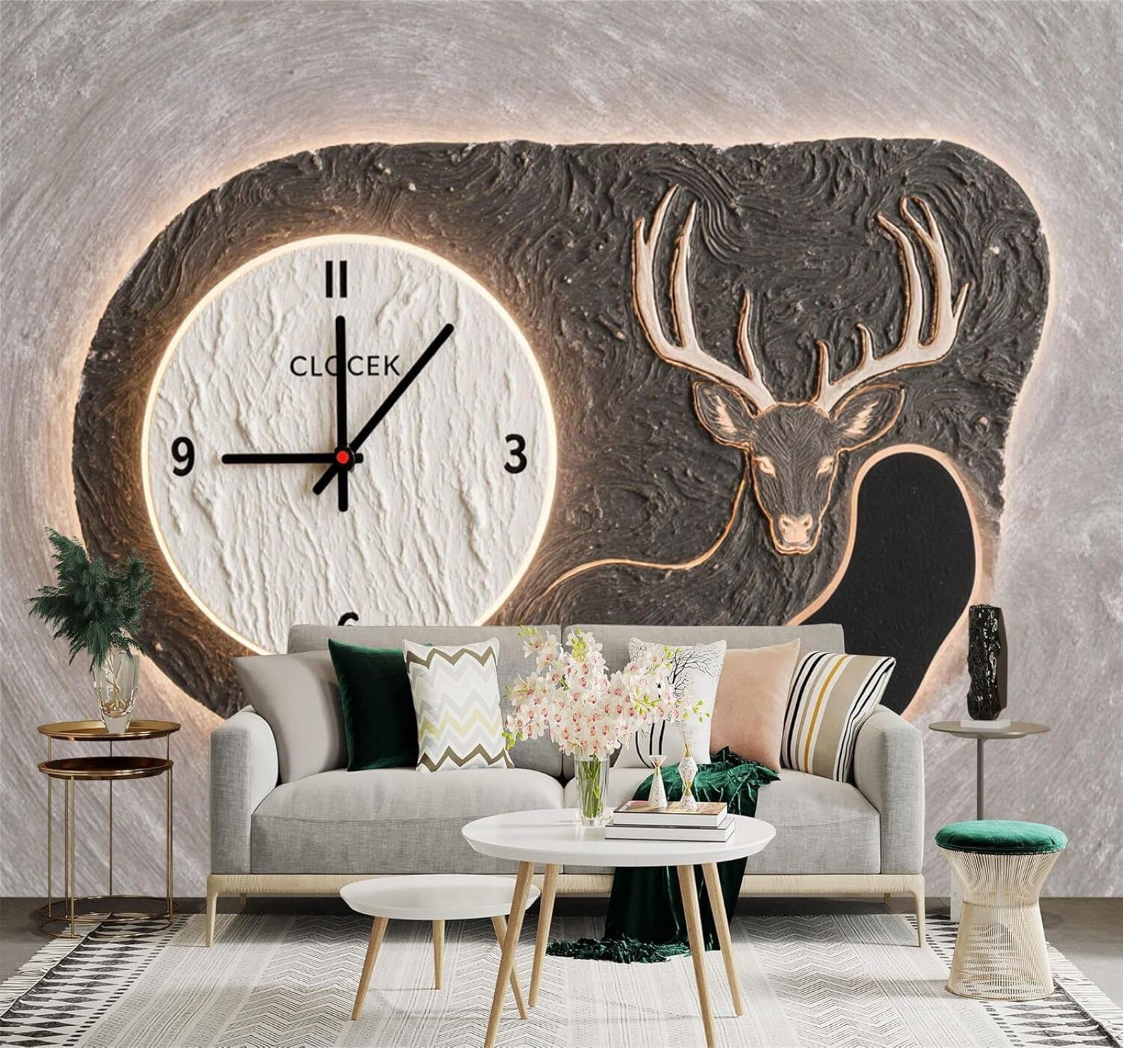 XLMING Abstract Deer Clock Texture Minimalist Art Style 3D Wallpaper Silky Texture Home Study Office Grey Dining Room Sofa Bedroom Living Room TV Backdrop-200cm×140cm