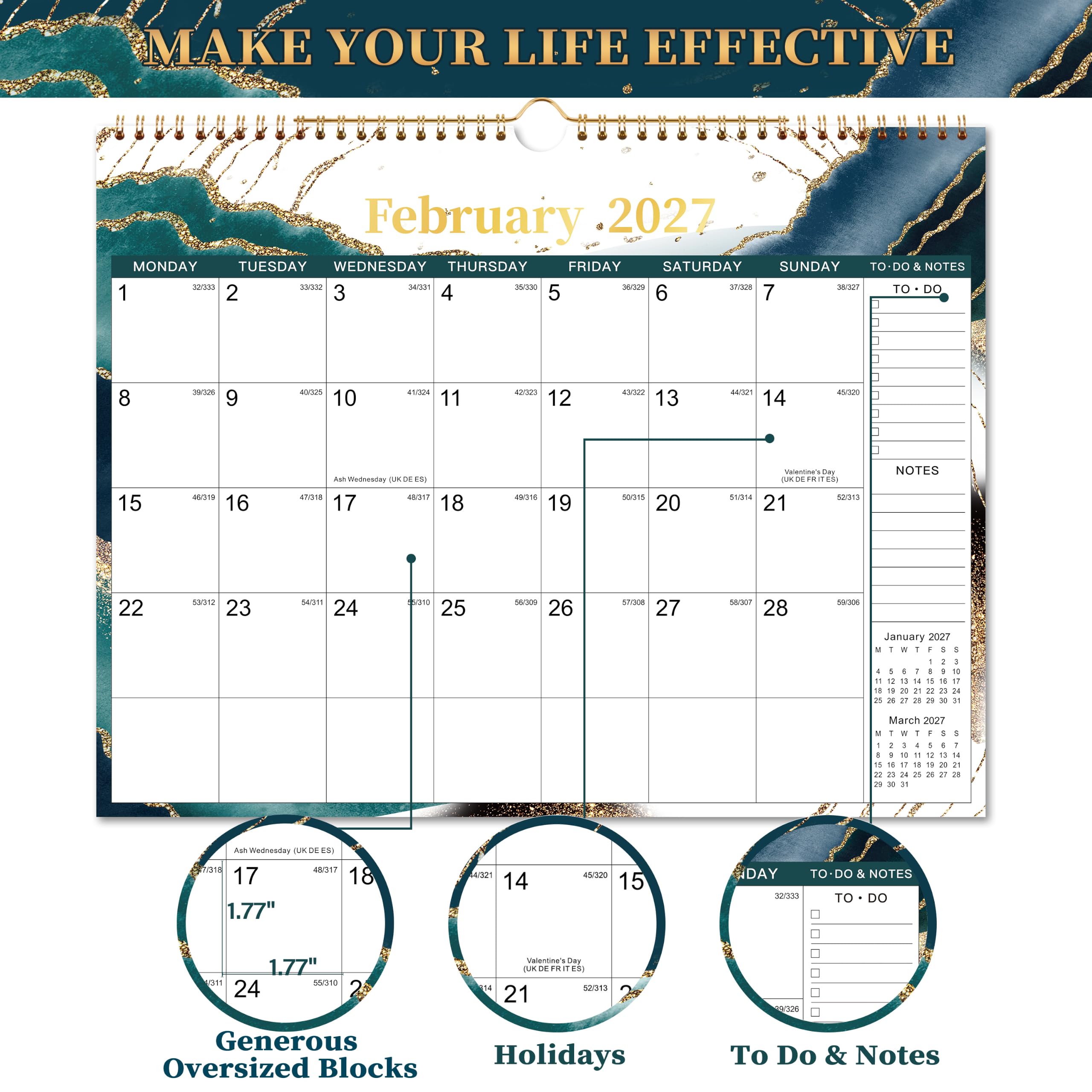 Calendar 2027 - Wall Calendar 2027 January 2027 to December 2027, Monthly View Calendar, Twin Wire Binding, Hanging Hook, Blue and Green, 37.6 x 29 cm ...
