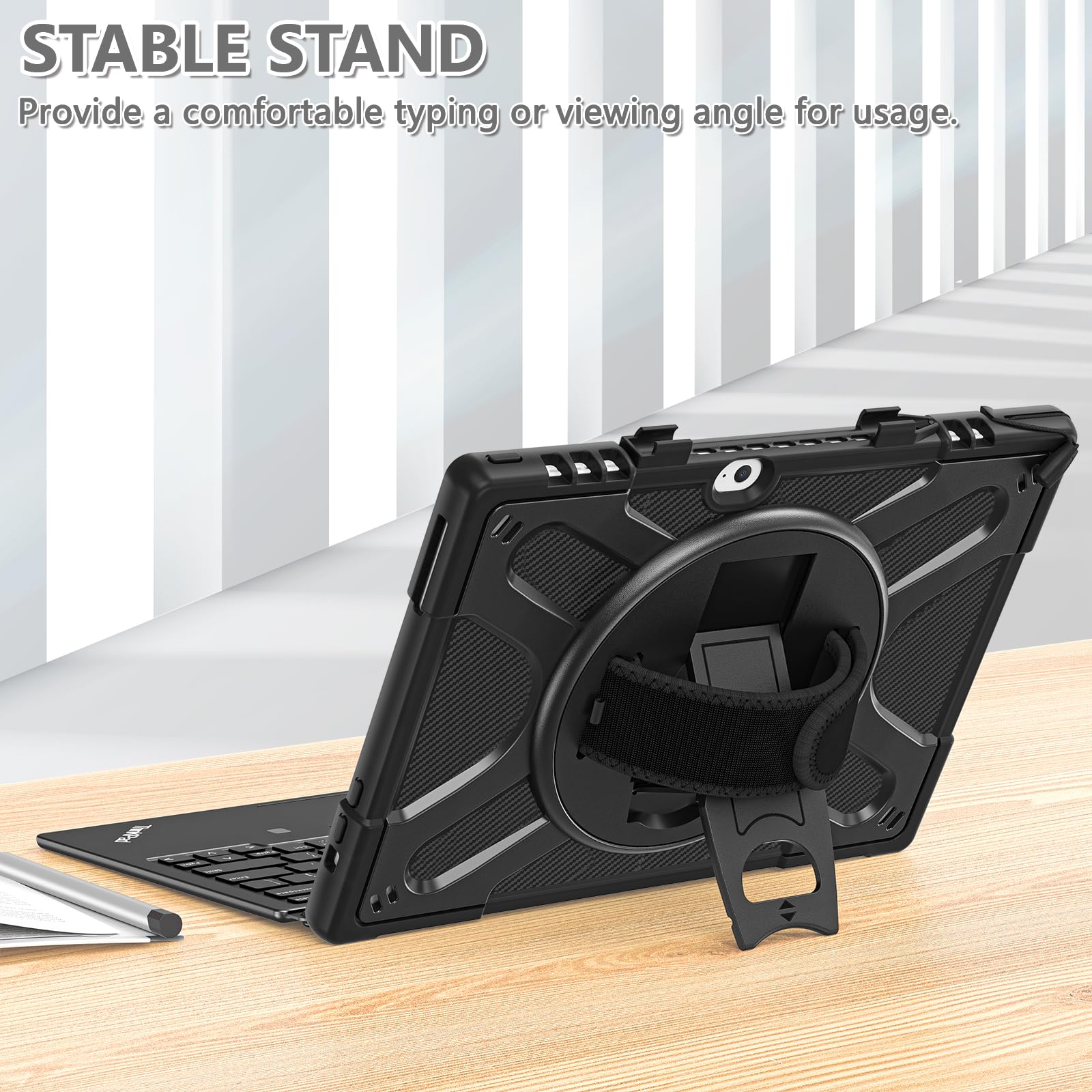 Junfire Funda para Lenovo ThinkPad X12 Detachable Gen 2/ThinkPad X12 12,3 Pulgadas 2024/2021, Funda con Soporte Giratorio, Correa de Mano, Correa de Hombro y portalápices Compatible con Teclado-Negro