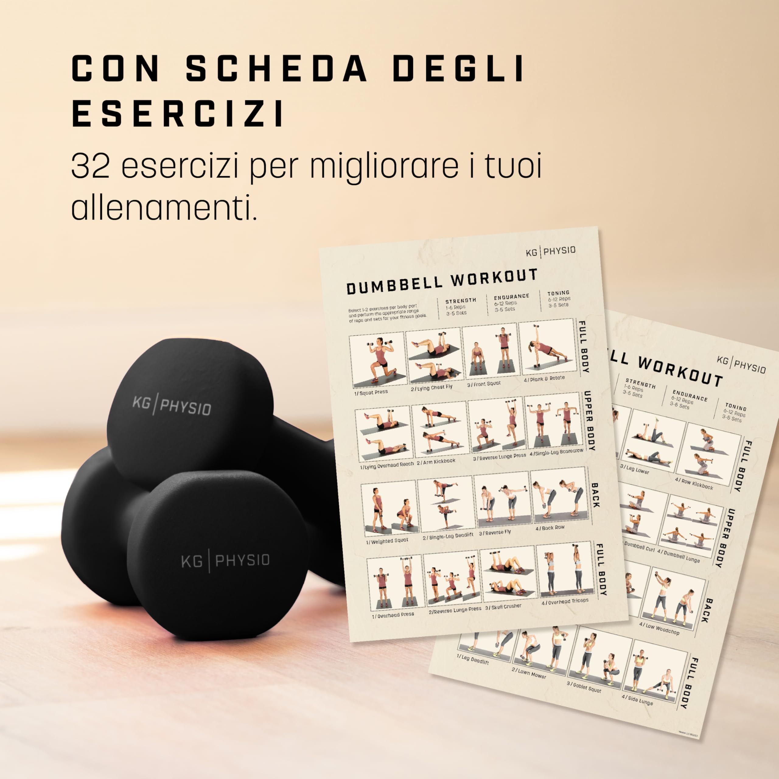 KG PHYSIO Pesi Palestra, Kit di 2 Manubri Palestra con Rivestimento in Neoprene, Impugnatura Confortevole, Accessori Palestra con Tecnologia Anti Rotolamento, Poster A3 con Esempi di Esercizi Fitness