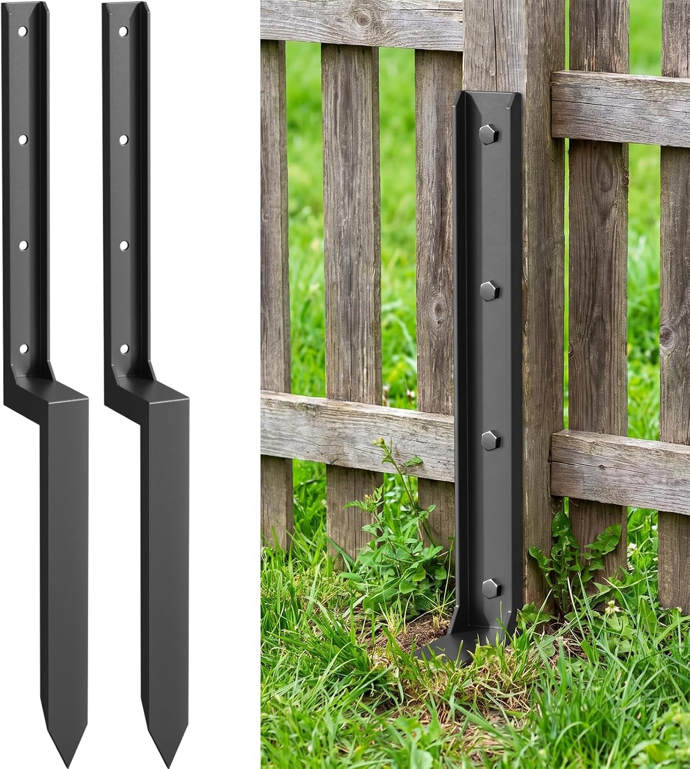 Fence Post Repair Kit 2 Pack, Heavy Duty Fence Post Repair Stakes for Fixing Broken 4x4 & 6x6 Wood Posts, No Dig Anchor Ground Spike for Yard, Garden