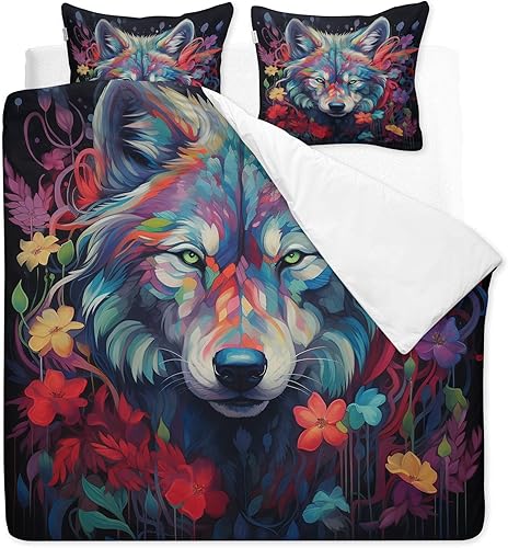 Miniatura 2 de Juego de funda de edredón de microfibra suave de lobo, juego de ropa de cama colorido tamaño King, 3 piezas con cremallera, 2 fundas de almohada,
