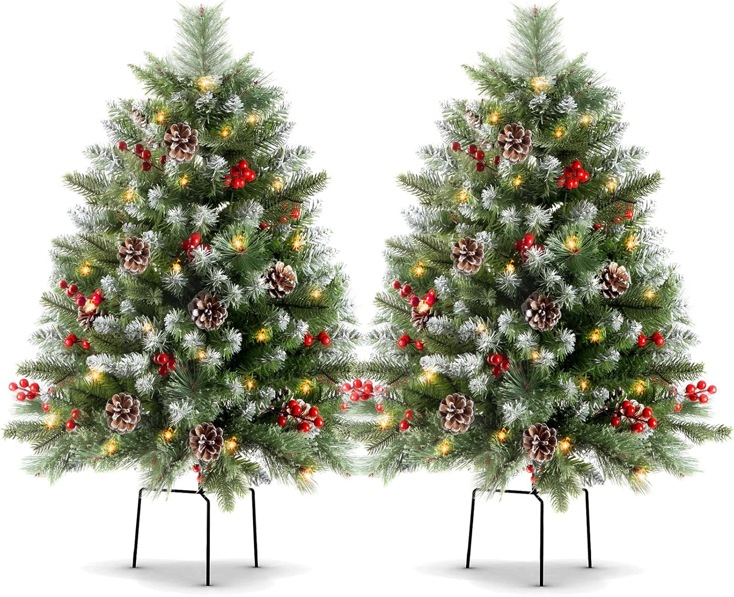 34" Prelit Small Christmas Tree with Lights, Battery Operated Xmas Tree with Pine Cedar Cones & Berries, Frosted Urn Filler, 50 LED Warm Lights with Timer, Outdoor for Porch and Pathway, 2 Pack Evergreen Snow Tree