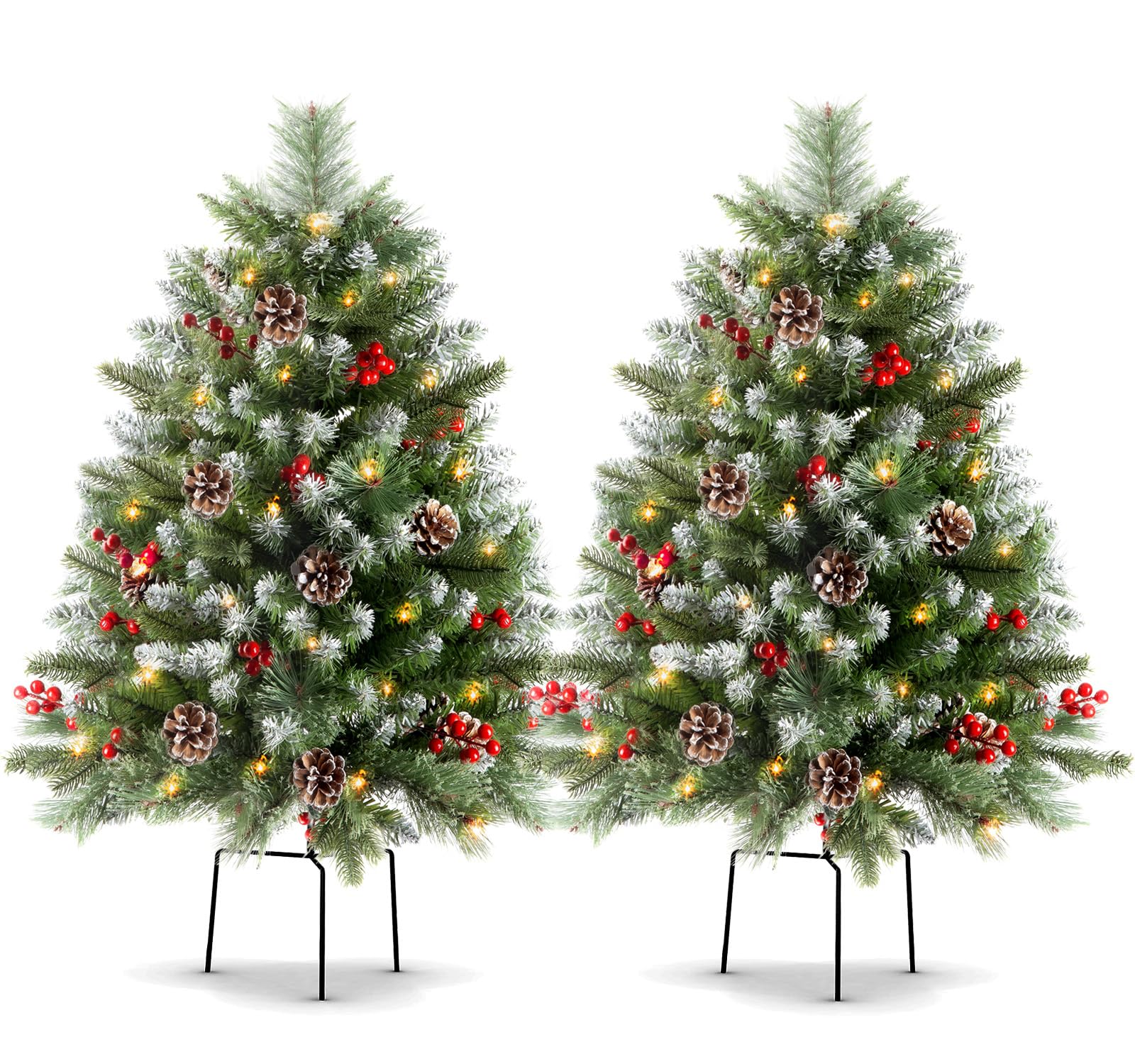 34" Prelit Small Christmas Tree with Lights, Battery Operated Xmas Tree with Pine Cedar Cones & Berries, Frosted Urn Filler, 50 LED Warm Lights with Timer, Outdoor for Porch and Pathway, 2 Pack