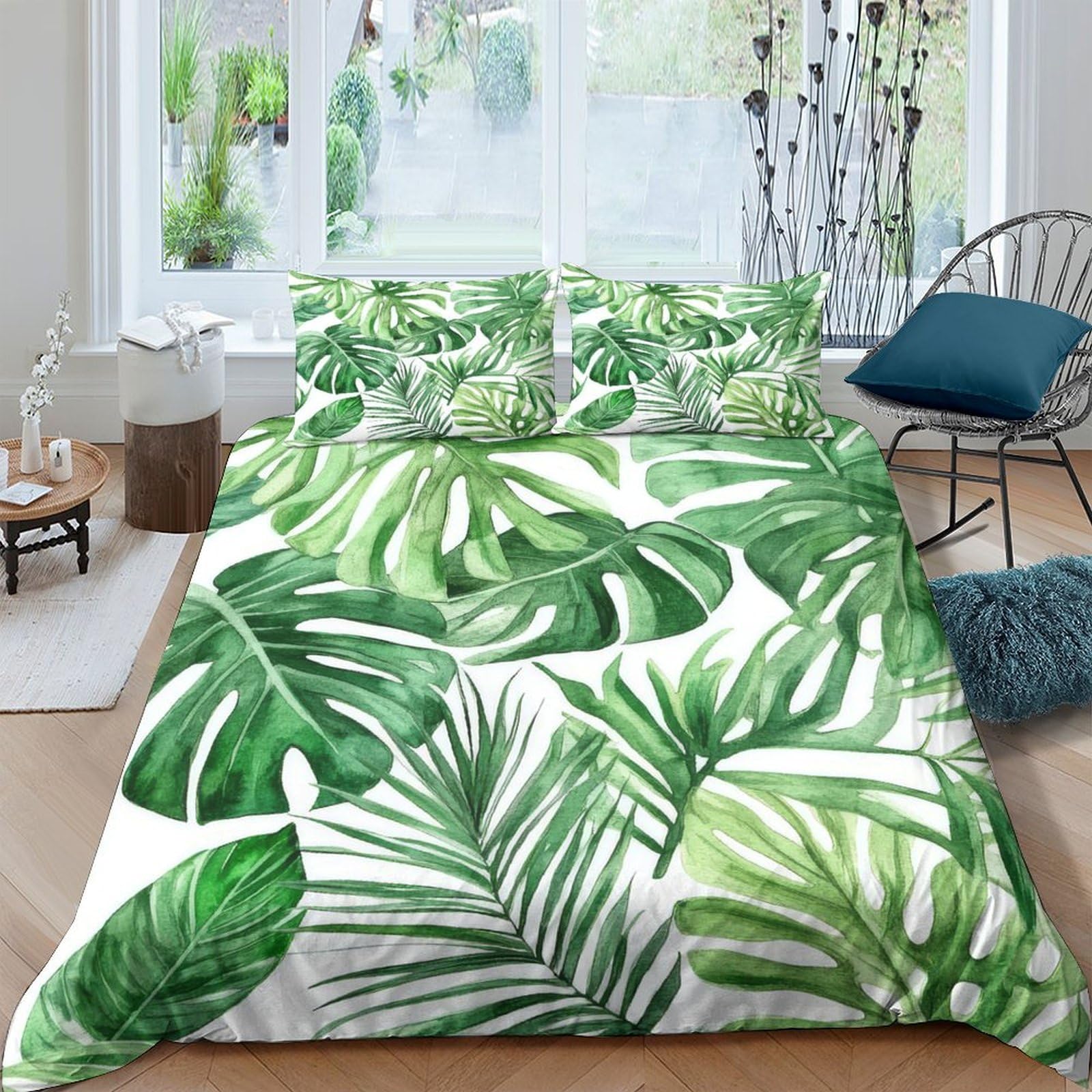 GPLZQXKJNH 3D Printed Tropical Monstera Duvet Cover Microfiber Soft Breathable Palm Leaf Bedding Set with 2 Pillowcases for Bedroom Decor Single（135x200cm）