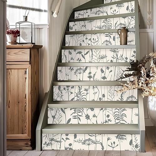 funlife 14 calcomanías de escalera dibujadas a mano, diseño de línea vintage, diseño floral, calcomanías decorativas para elevador de escalera de