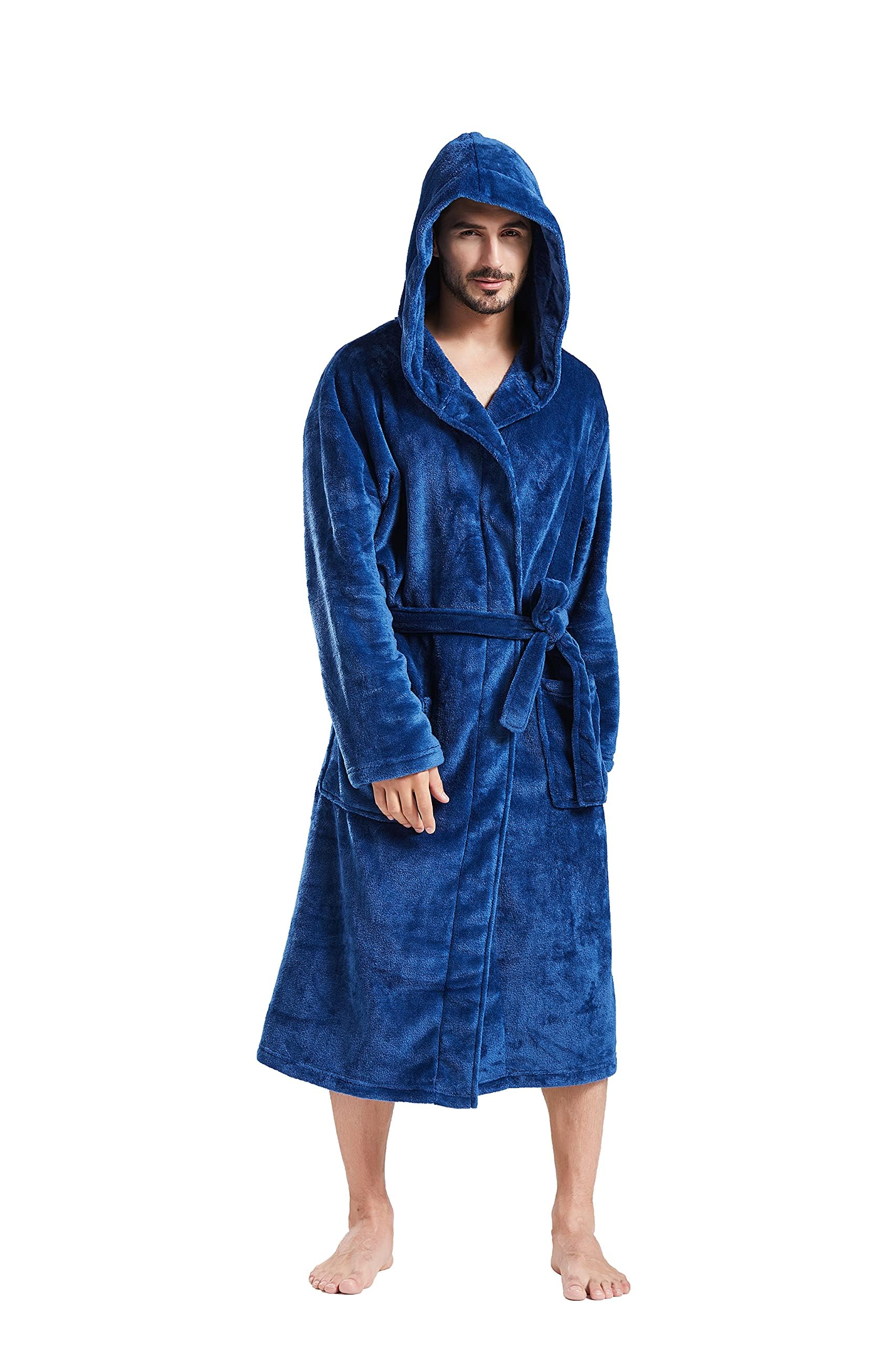 FashGudim Mens Hooded Robe Plush Shawl Collar Kimono Bathrobe Soft Warm Flannel Fleece Spa Robes House Coat Pajamas