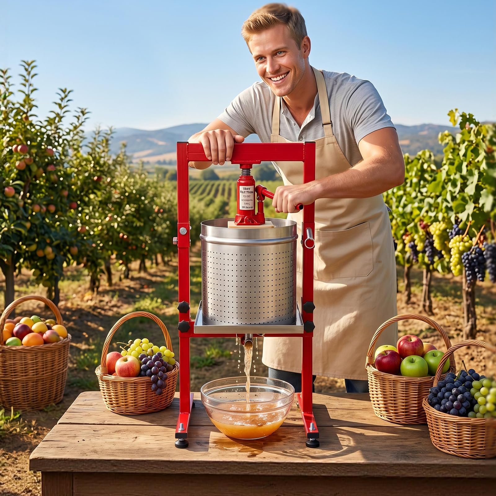 VEVOR Manuelle Beerenpresse 30 L aus Edelstahl, Weinpresse und Obstpresse für Äpfel, Weintrauben, Orangen und Gemüse, Apfelpresse mit 2 Filterbeuteln, 40 x 32 x 61 cm Hydraulische Saftpresse