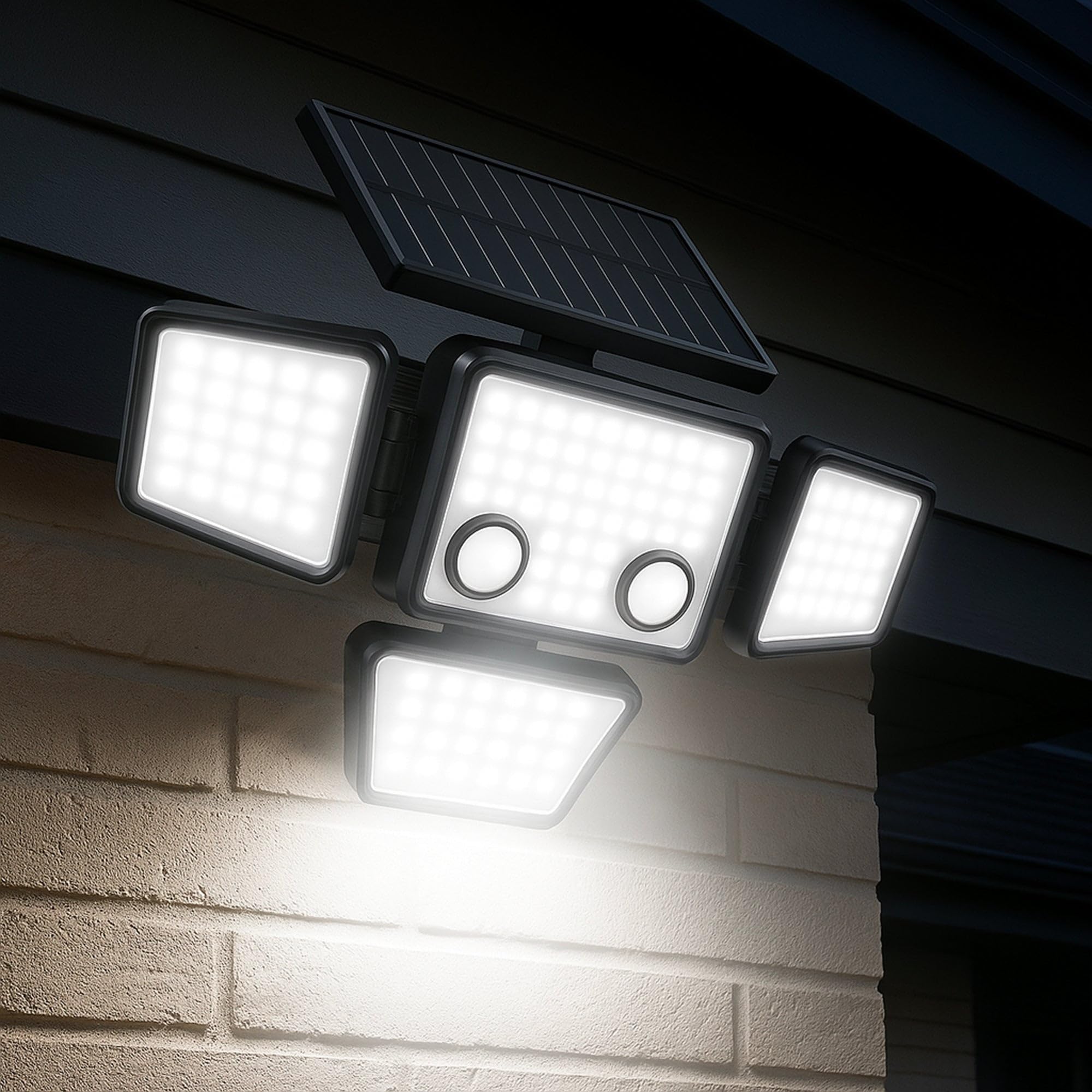 Lumisky FAIRVIEW - Set di 2 faretti solari a 4 teste nere – Luce LED potente, bianco, orientabili con rilevatore di movimento, ideali per fissare giardino, terrazza ed esterno