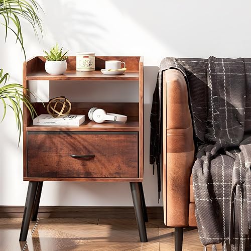 Miniatura 2 de Mesita de noche con estante abierto, mesita de noche con cajón, mesa auxiliar de almacenamiento, mesita de noche con pies de madera maciza, mesitas