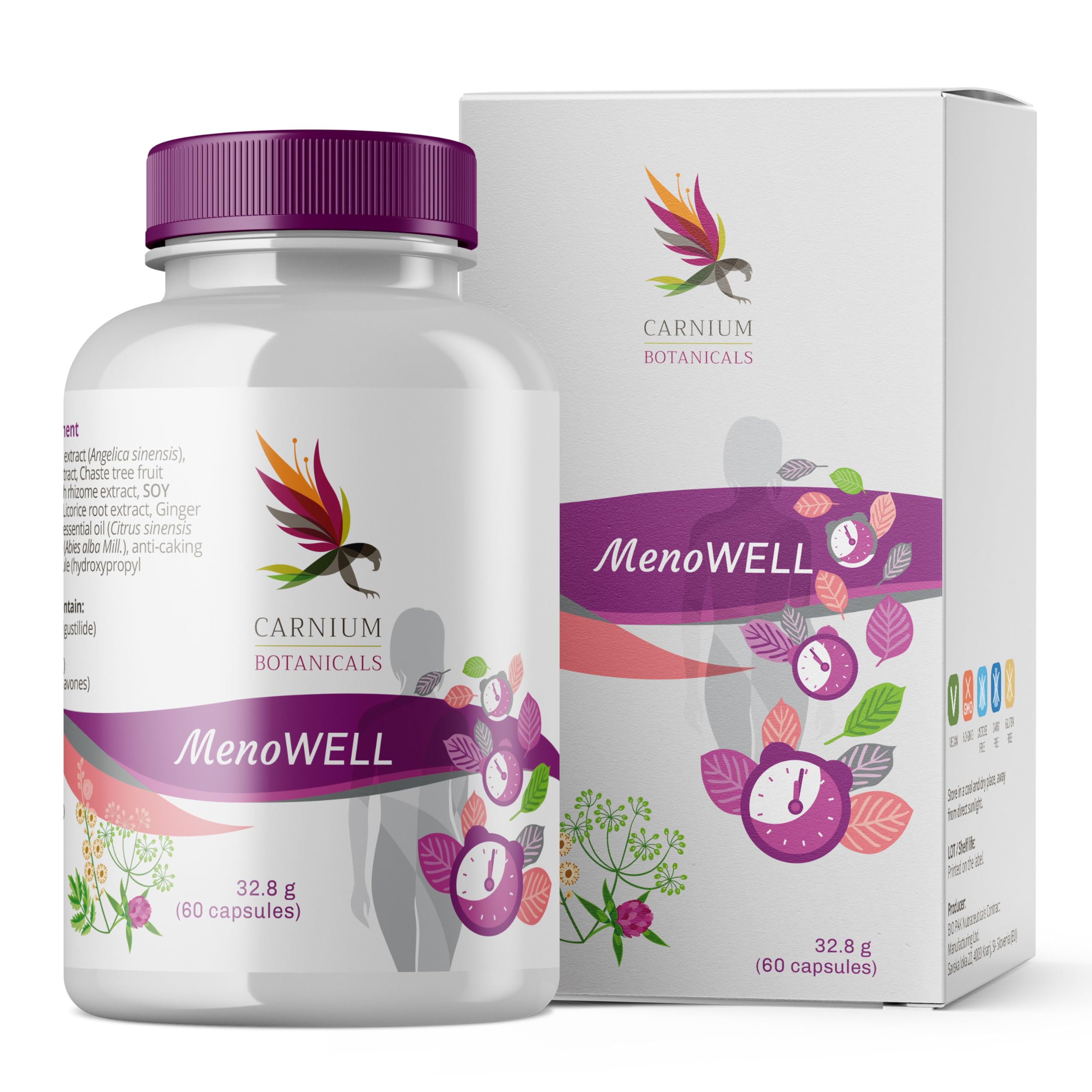 Carnium Botanicals MenoWELL – Wechseljahre Kapseln, 60 Stück | Mönchspfeffer, Rotklee, Yamswurzel, Natürlicher Komplex für Frauen