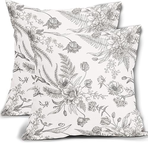 Juego de 2 fundas de almohada florales grises y blancas de 18 x 18 pulgadas, fundas de almohada cuadradas de lino y algodón con flores grises,