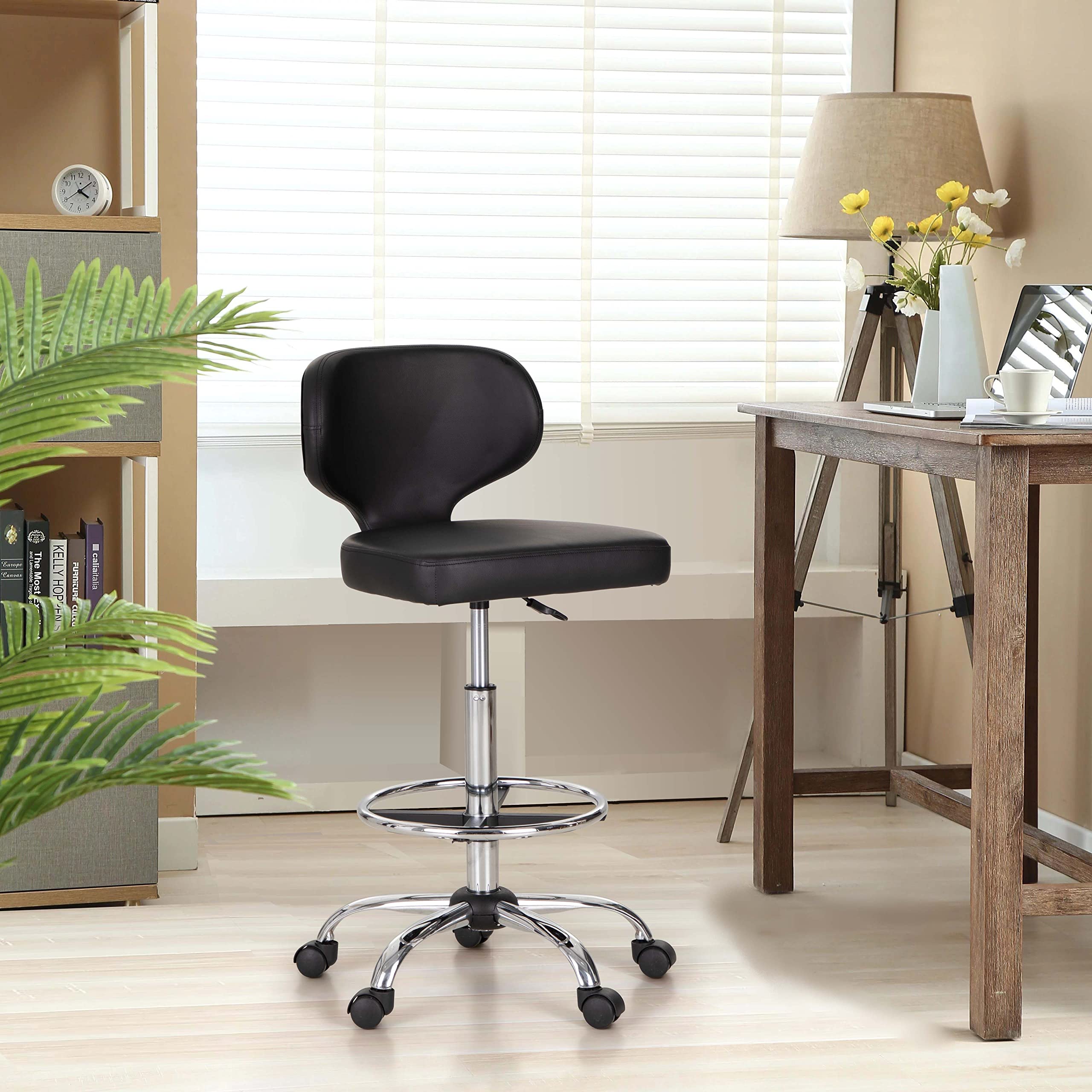 MAISON ARTS Swivel Office Drafting Chair with Backrest Height Adjustable Rolling Stool with Wheels PU Leather Work Stool Task Chair with Footrest for Home Bar Kitchen Shop Salon Spa Massage, Black