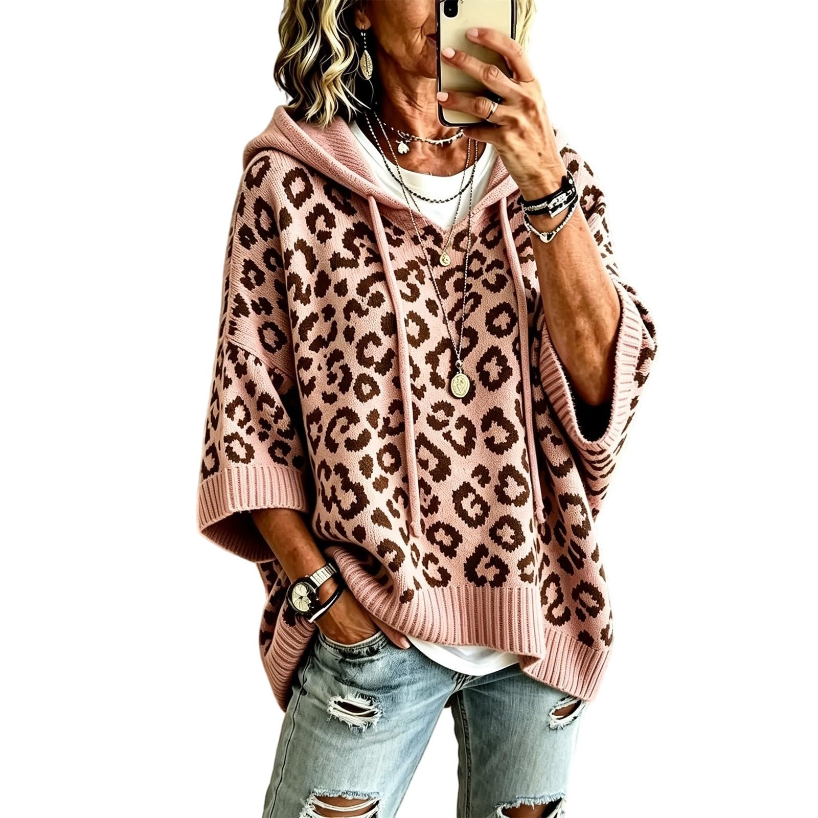 Pullover Damen Herbst Strick Hoodie Oversize Mit Print Sweatshirts 3/4 Arm