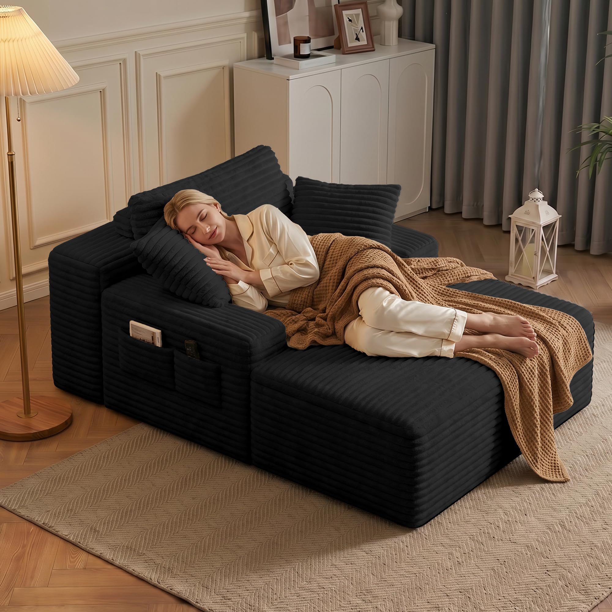 Xbro Schlafsofa Cord mit Chaiselongue, Recamiere mit Schlaffunktion 102 x 150 x 61 cm, Übergroßes Cloud Bodensofa mit 3 Kissen und Seitentaschen, Keine Montage, Schwarz