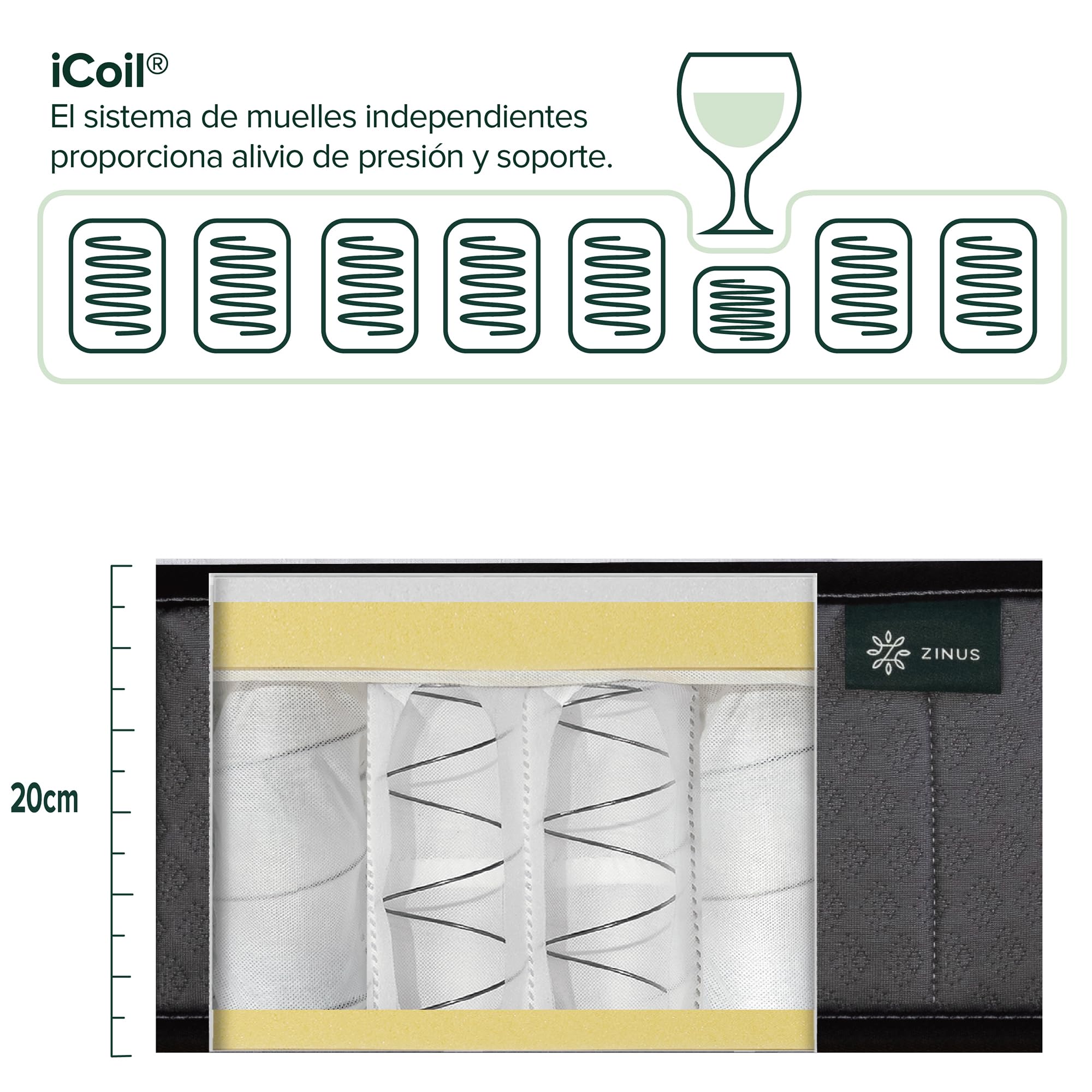 Zinus Colchón Híbrido 135x190 cm 20 cm Tight Top Muelles Ensacados Espuma Viscoelástica Alta Transpirabilidad