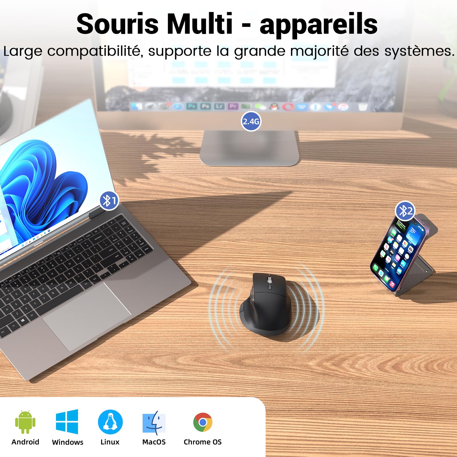 INFINMIND L551 Pro+ Souris sans Fil, Souris Bluetooth programmable, Design Silencieux Multi-appareils avec molette Pouce