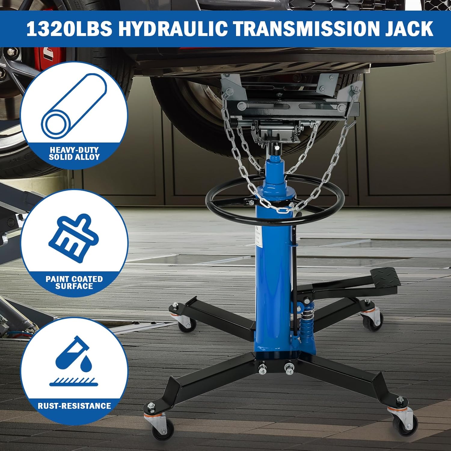 EASYBERG 1320 lbs Hydraulic Transmission Jack, 0.6 Ton 2-Stage High Lift Telescopic Transmission Jack with 35"-69" Adjustable Height, Pre-Installed Foot Pedal & Swivel Wheels for Car and Light Truck