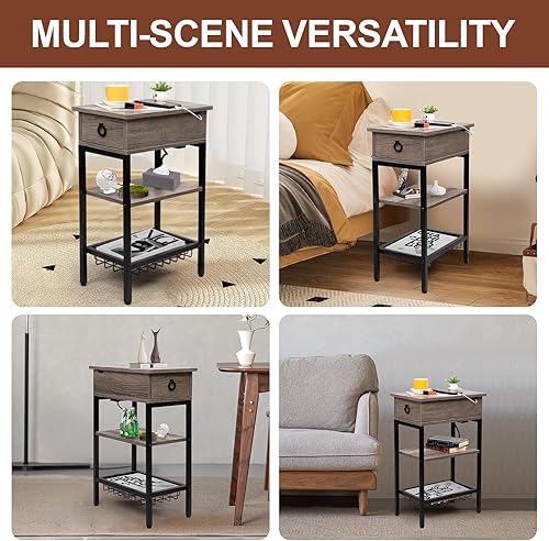Miniatura 7 de Estación de carga de mesa auxiliar gris pequeña para dormitorio, mesas auxiliares estrechas de sala de estar gris con almacenamiento, mesita de Gris