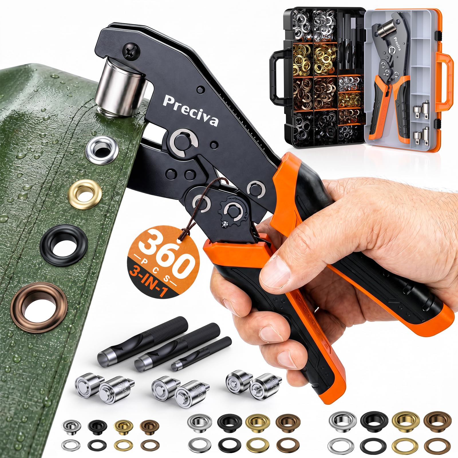 Preciva Kit de Remachadora de Ojales con Cabezales Intercambiables, Herramienta de Engaste con Ojales de 4 Colores de 6/10/12 mm, Alicate Sacabocados con Maletín para Lonas de PVC, Toldos y Cartón